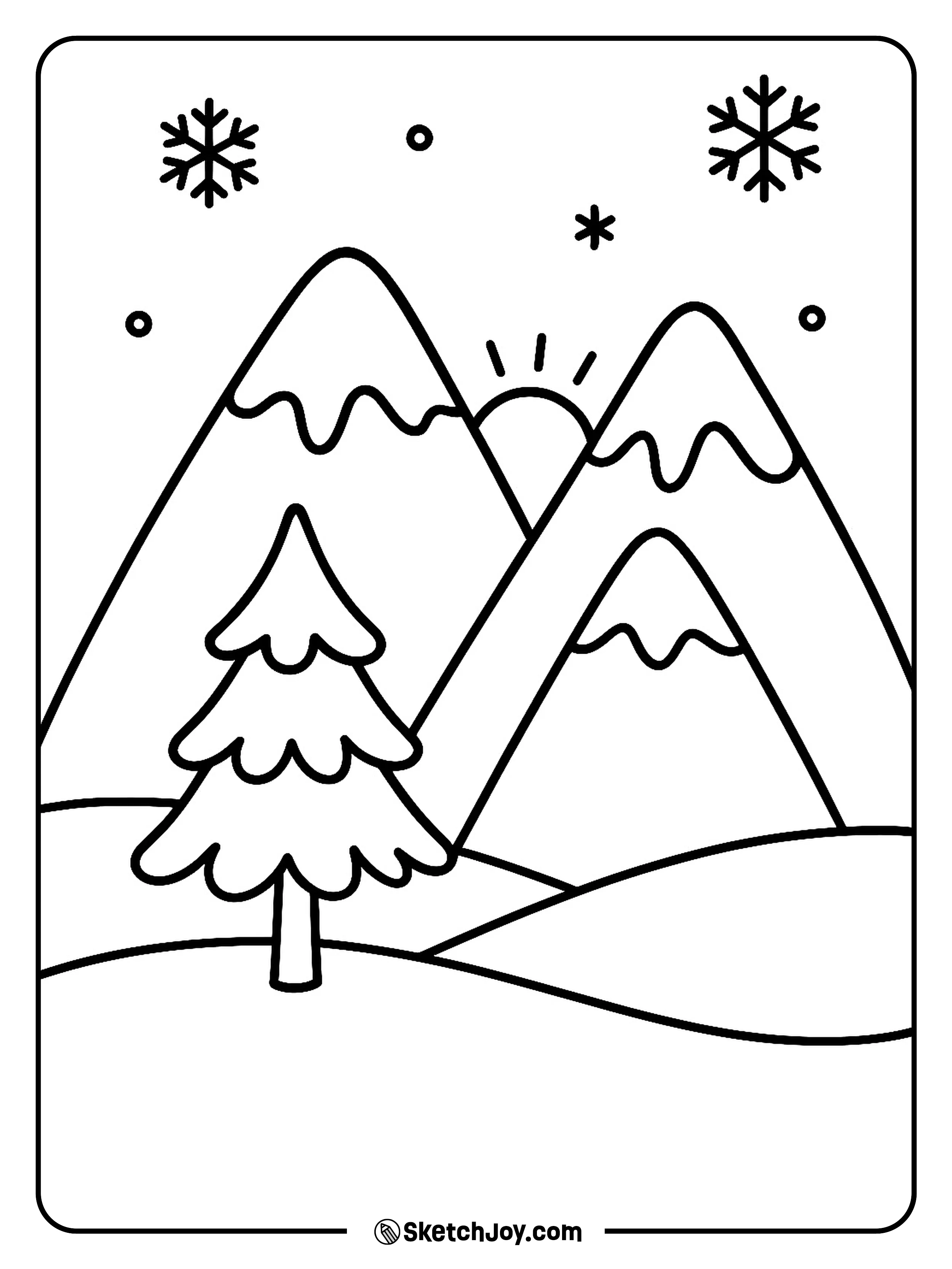 A small sun rises over mountains with soft snow lines.