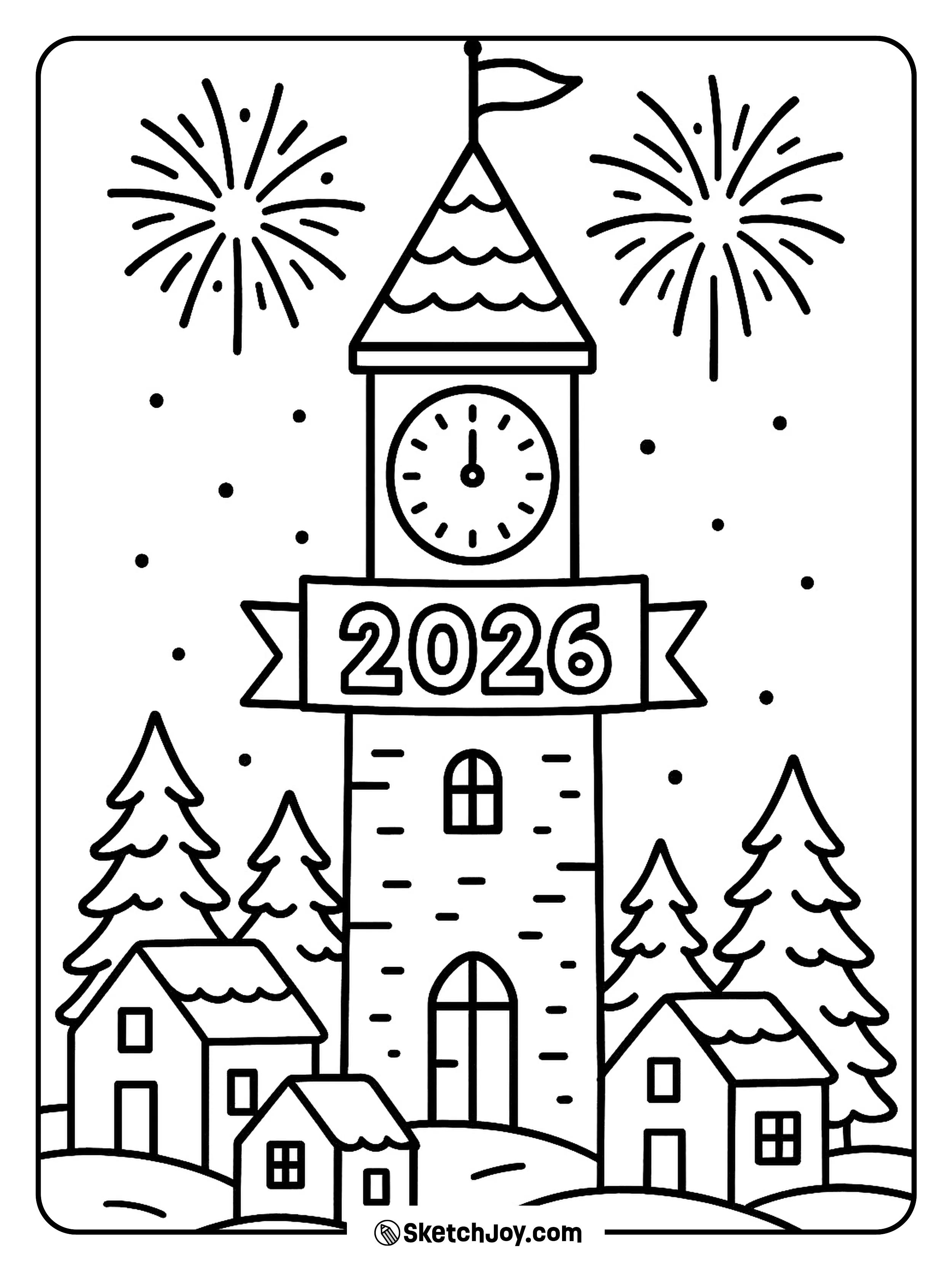 A small town clock tower shows midnight for 2026.