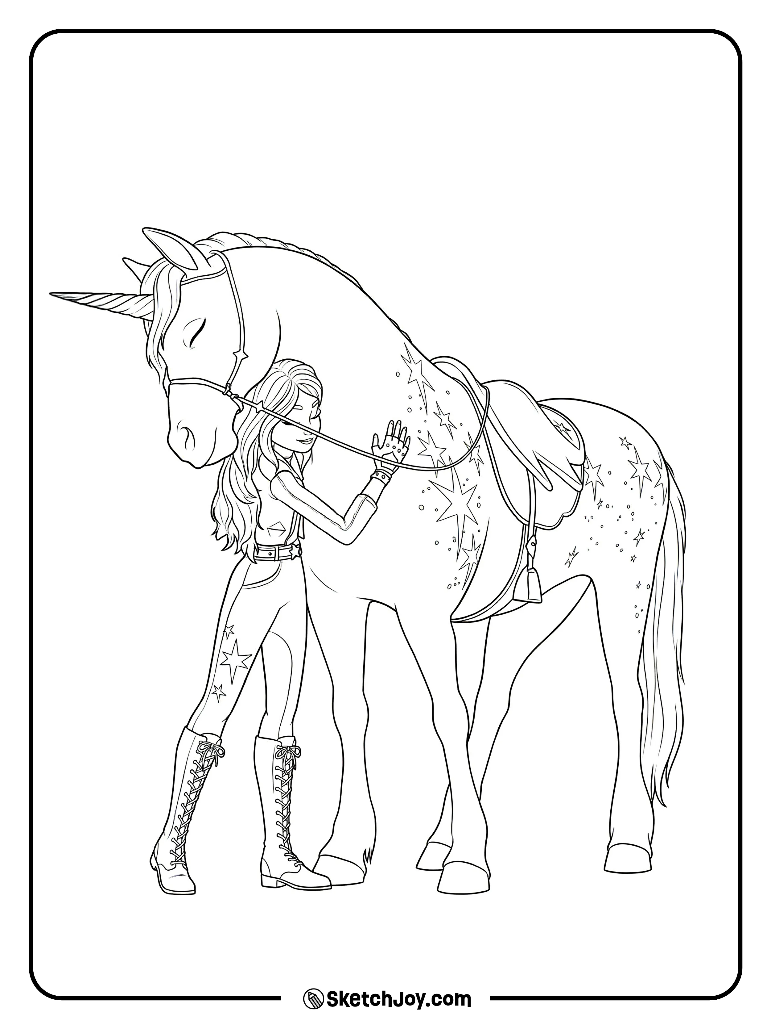 Sophia gently hugs Wildstar by the neck, with star patterns shining across Wildstar’s coat.