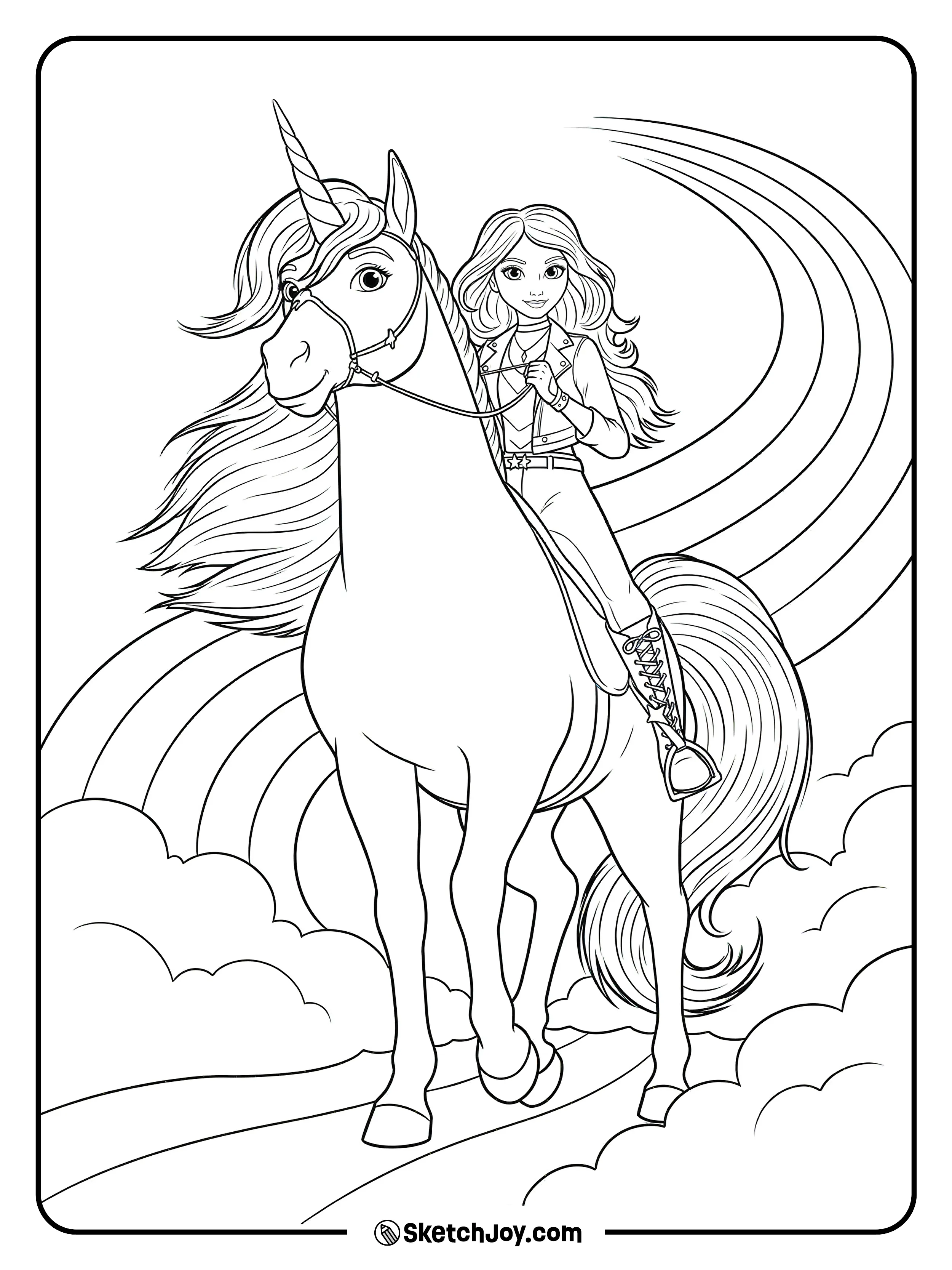 Sophia rides Wildstar through the clouds with a big rainbow curving behind them.