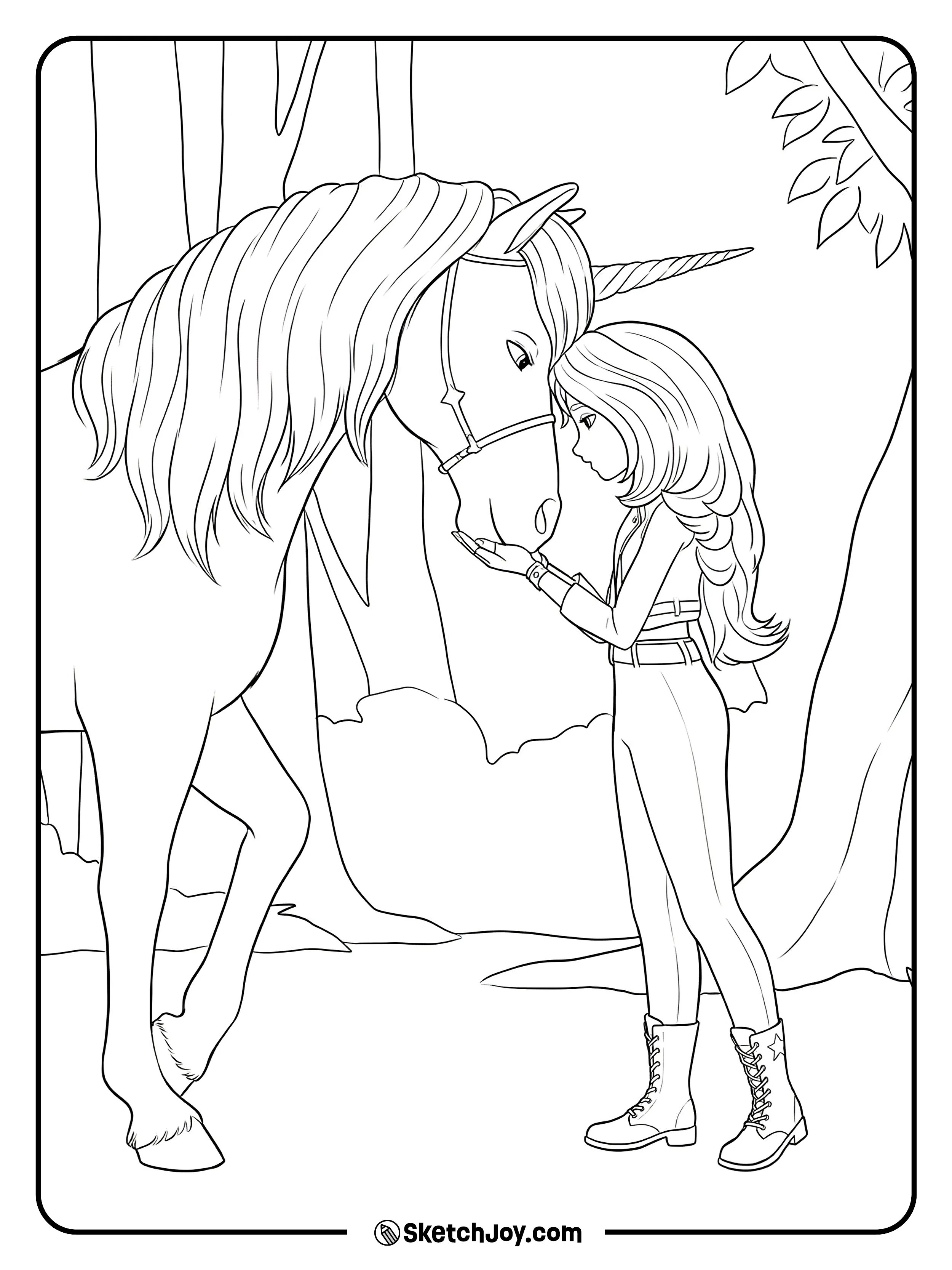 Sophia gently holds Wildstar’s face as they touch foreheads in a calm forest scene.