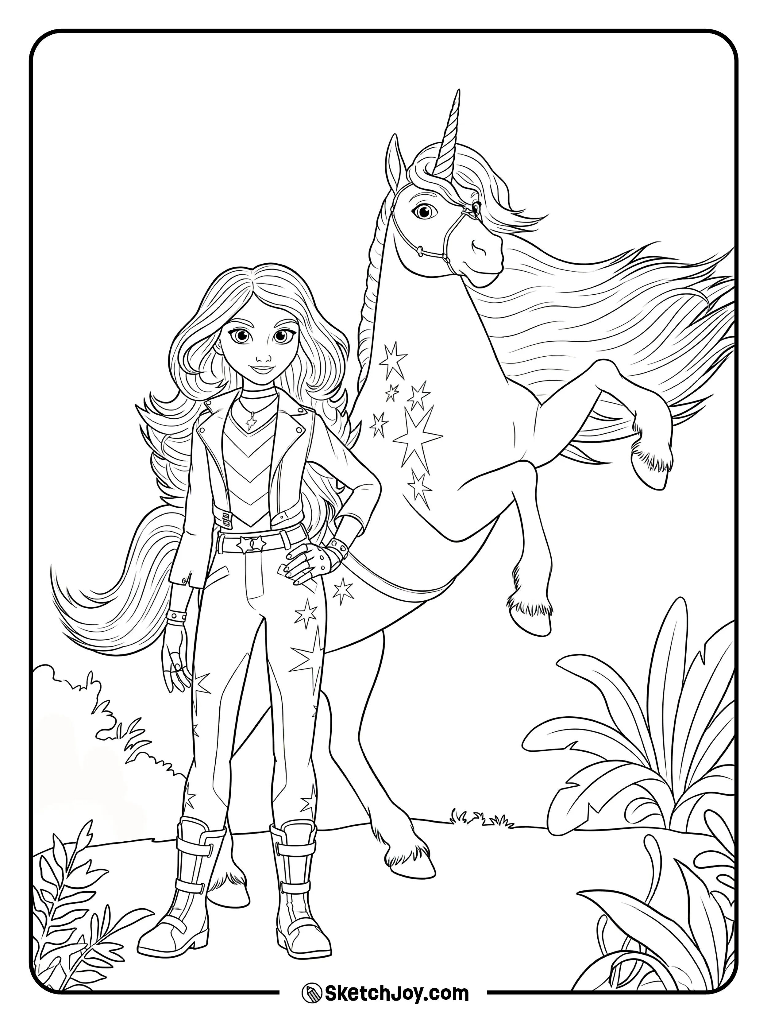 Sophia stands beside Wildstar as the unicorn rears up, showing bright star marks on its side.