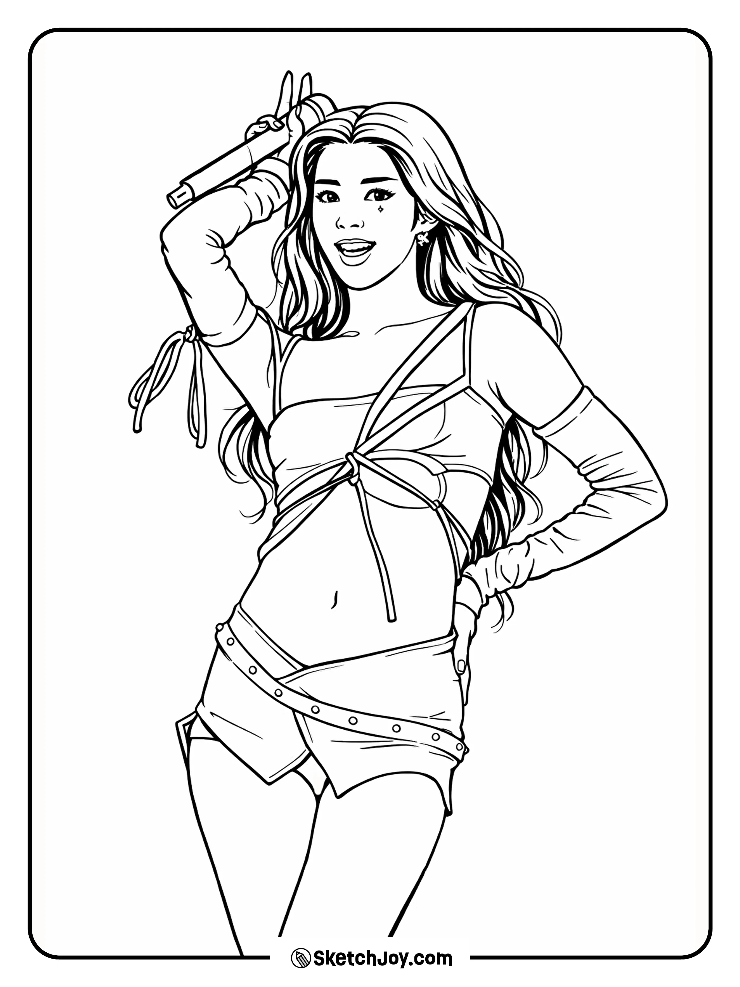 Sophia smiles and throws up a peace sign in a fun outfit.