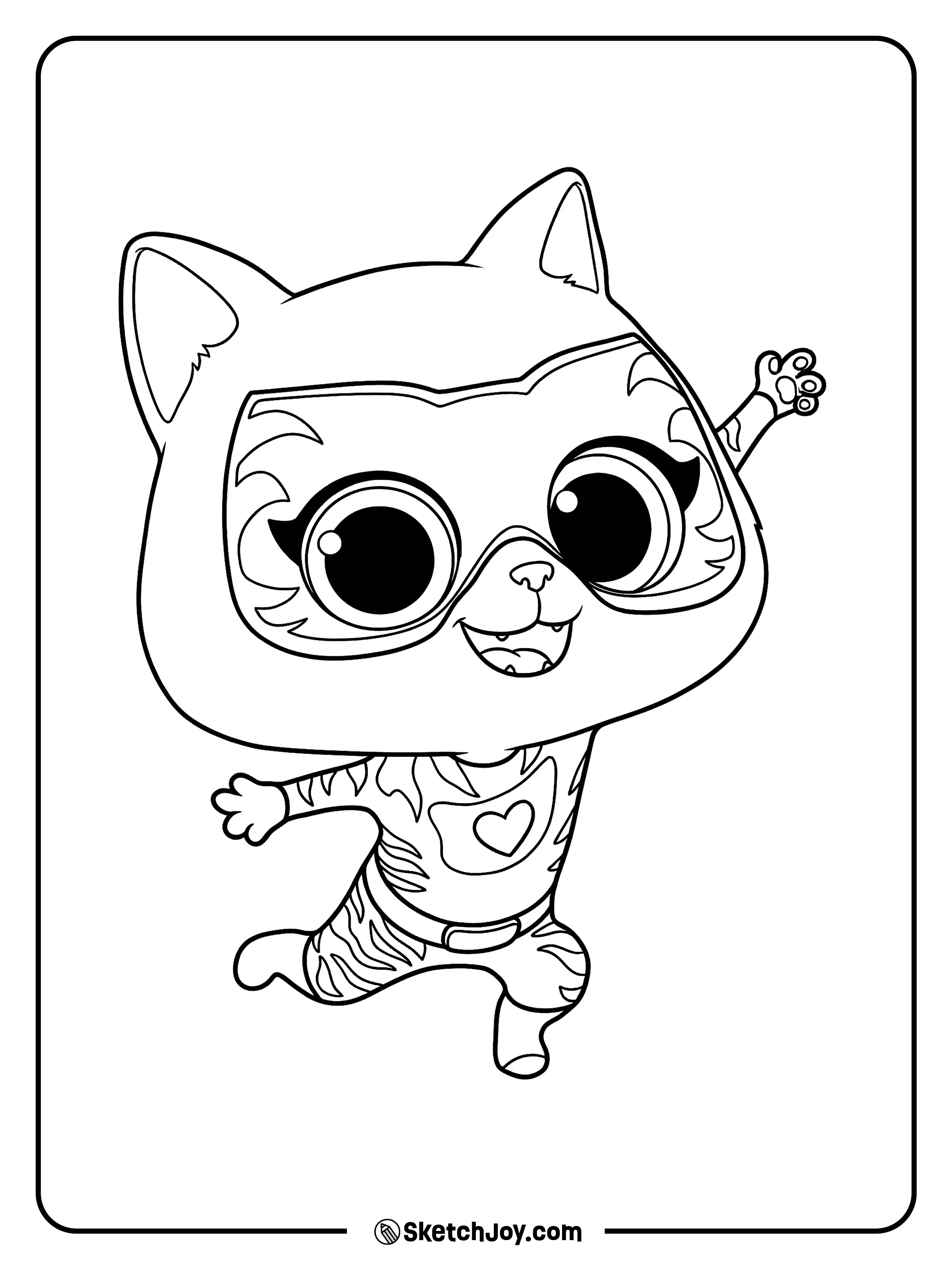 Sparks leaps forward with a big smile and a raised paw.