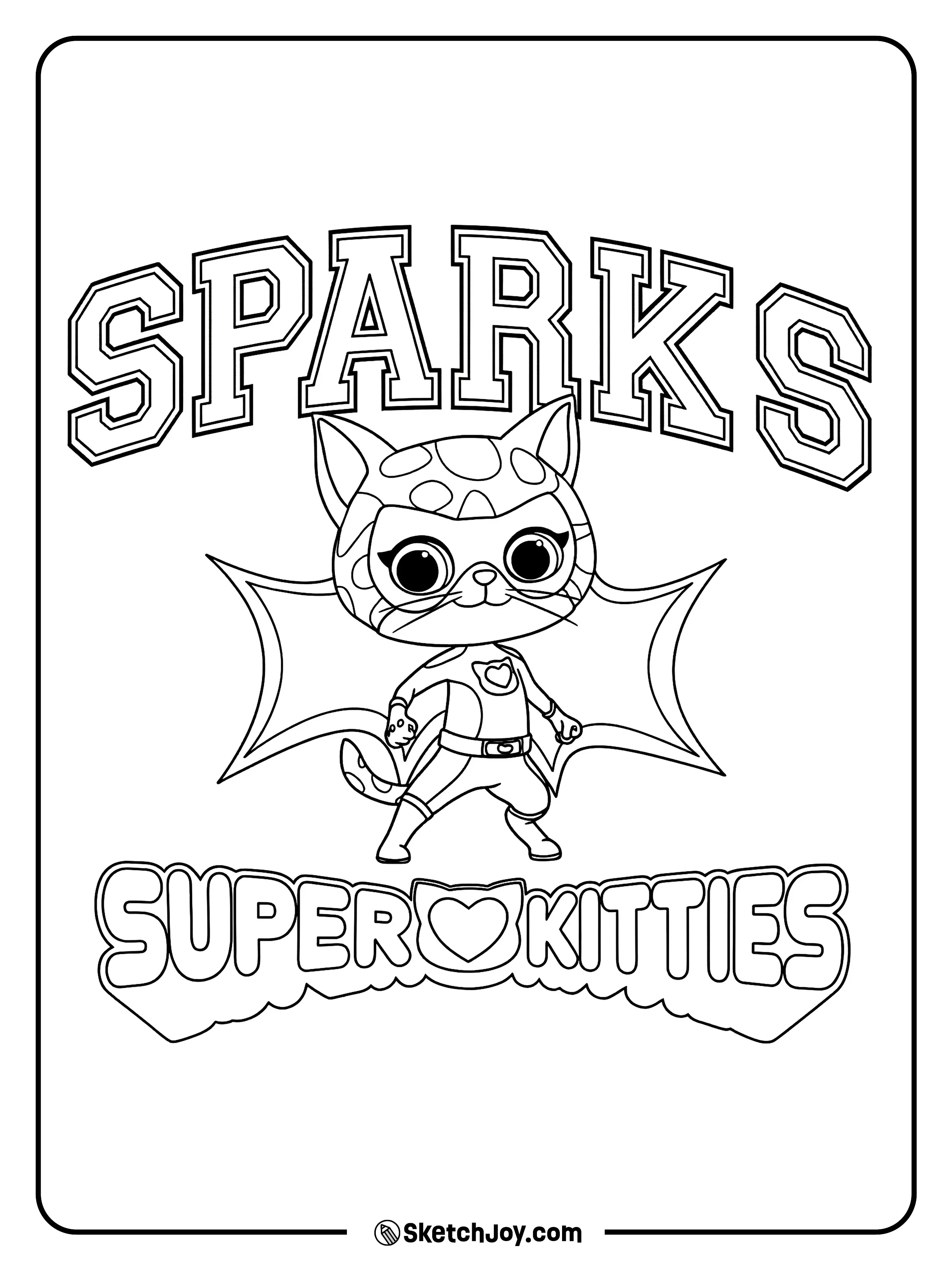 Sparks stands in her super suit with her cape wings open under the SuperKitties logo.