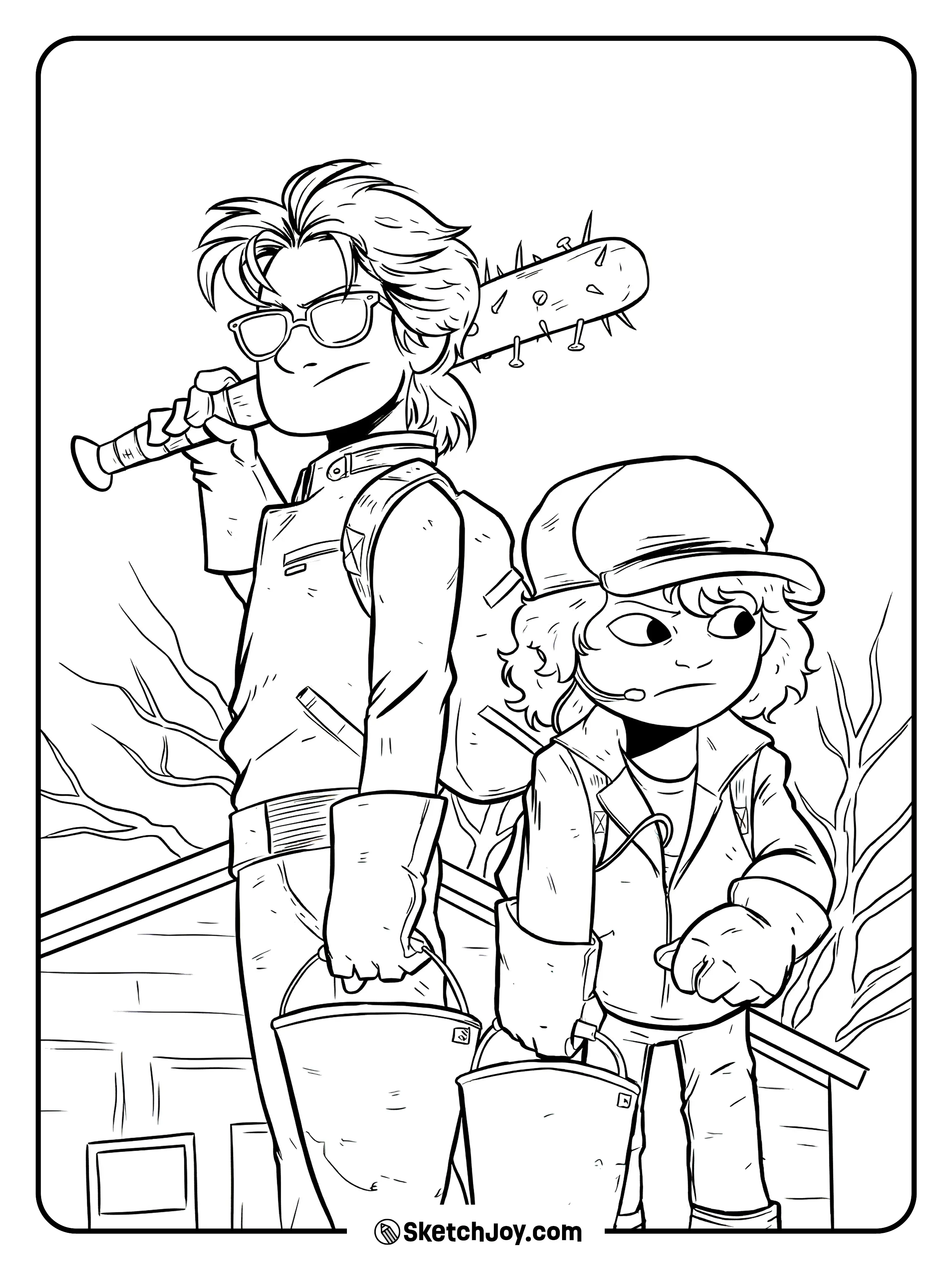 Cartoon Steve carries his spiked bat over his shoulder while Dustin stands beside him with buckets in a eerie yard.