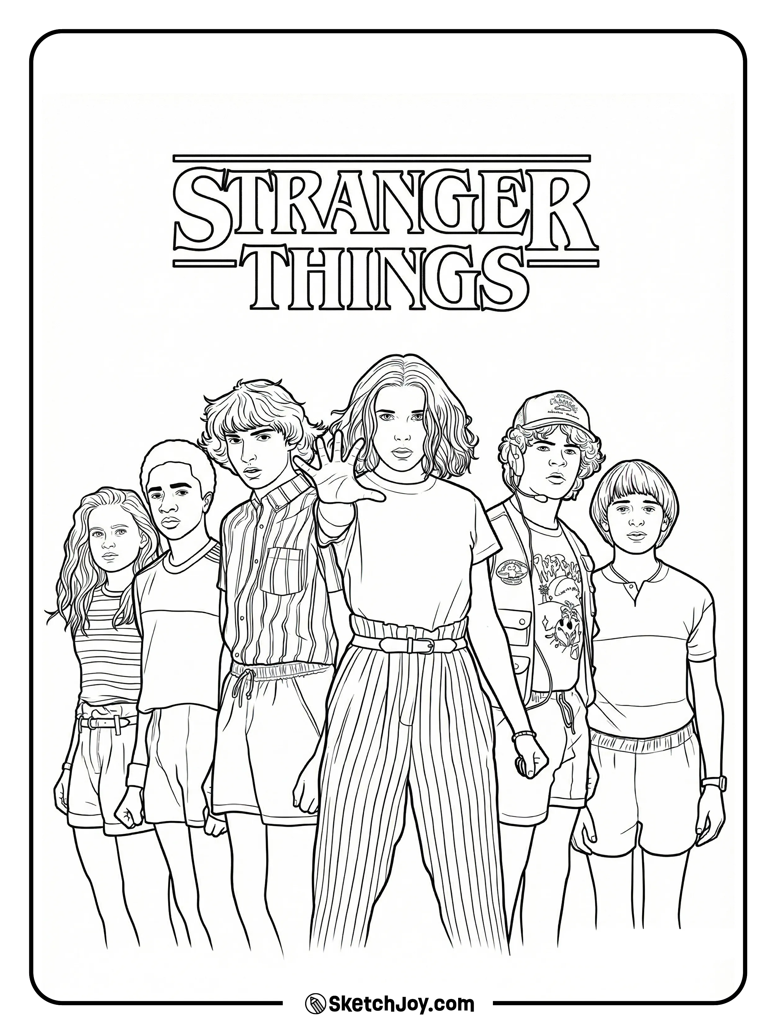 Eleven stands in front with Max, Lucas, Mike, Dustin, and Will lined up under the Stranger Things logo.