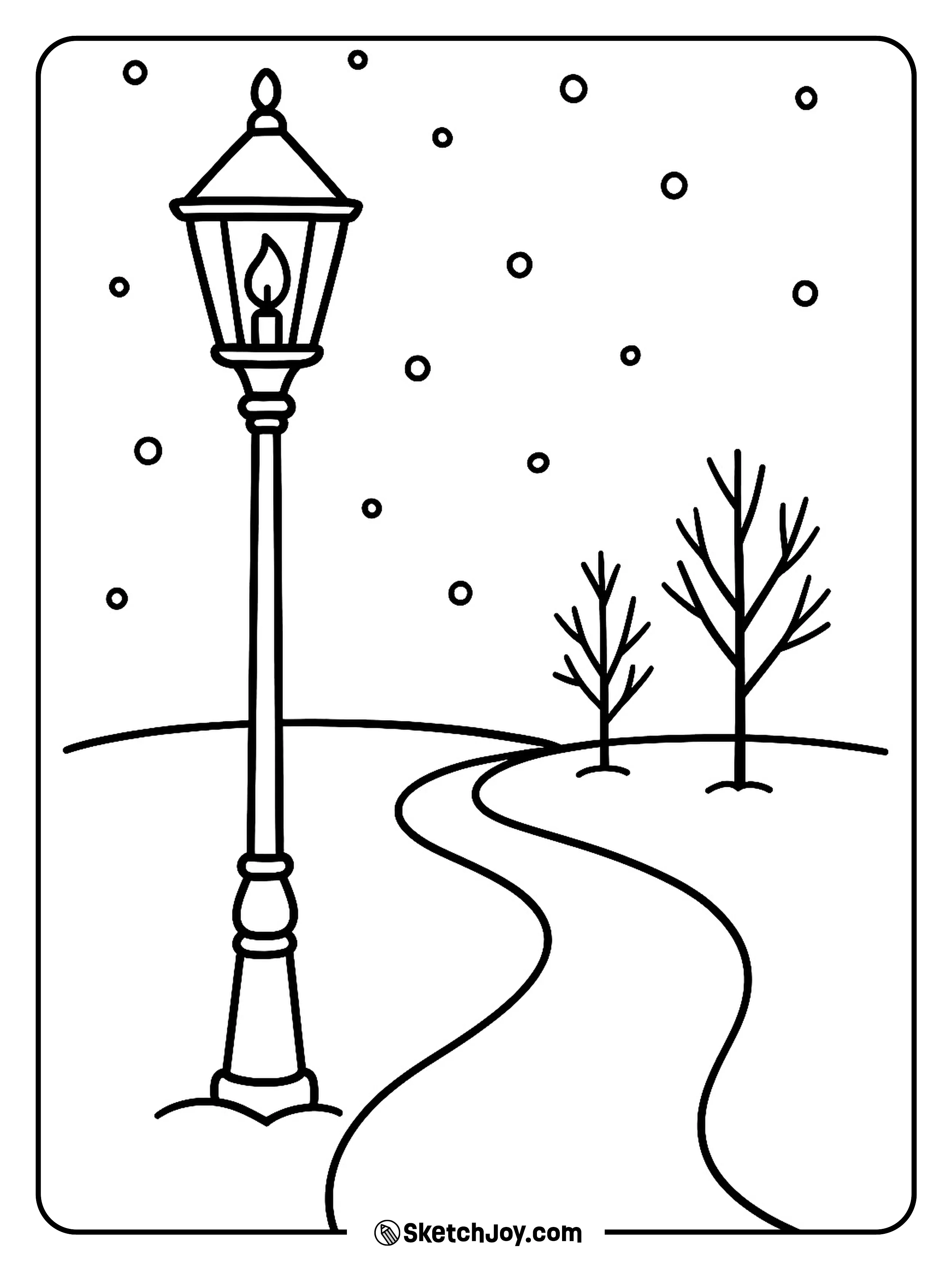 A tall lamp shines over a quiet path with snowflakes drifting down.