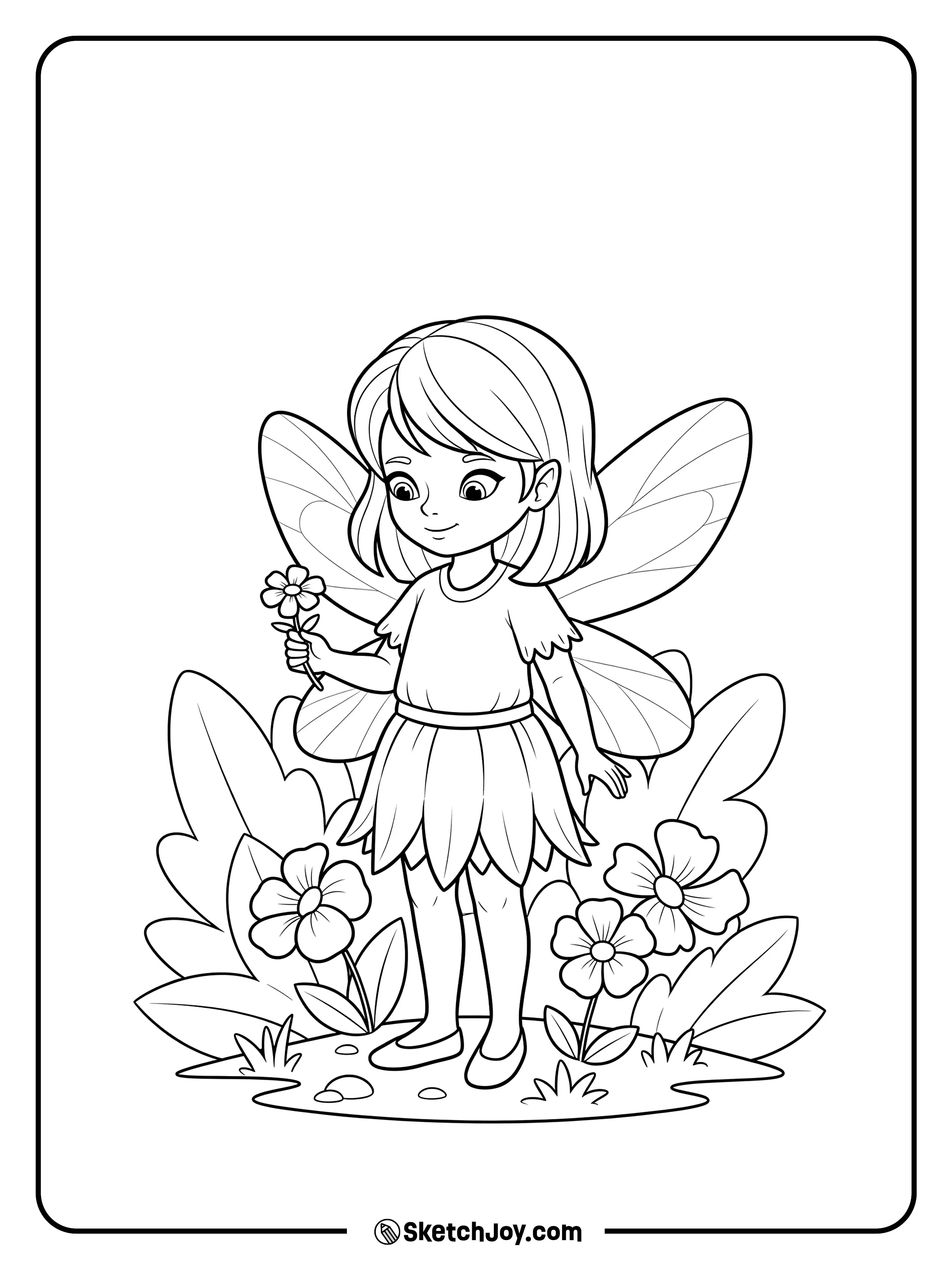 A happy fairy stands in a small flower garden with soft wings open and a gentle smile.