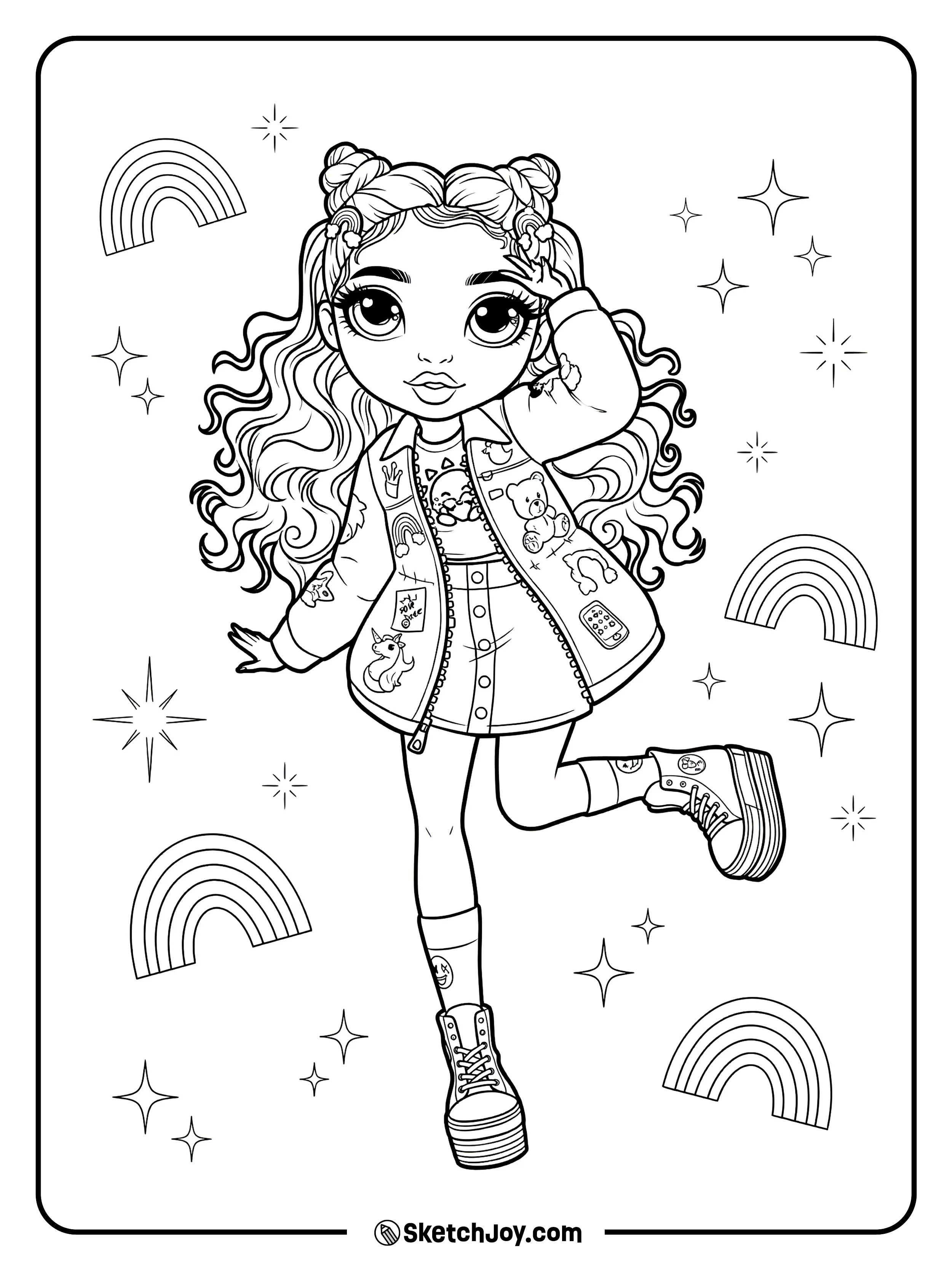 Sunny Madison strikes a playful pose in a cute patchy jacket and boots with curly space buns.