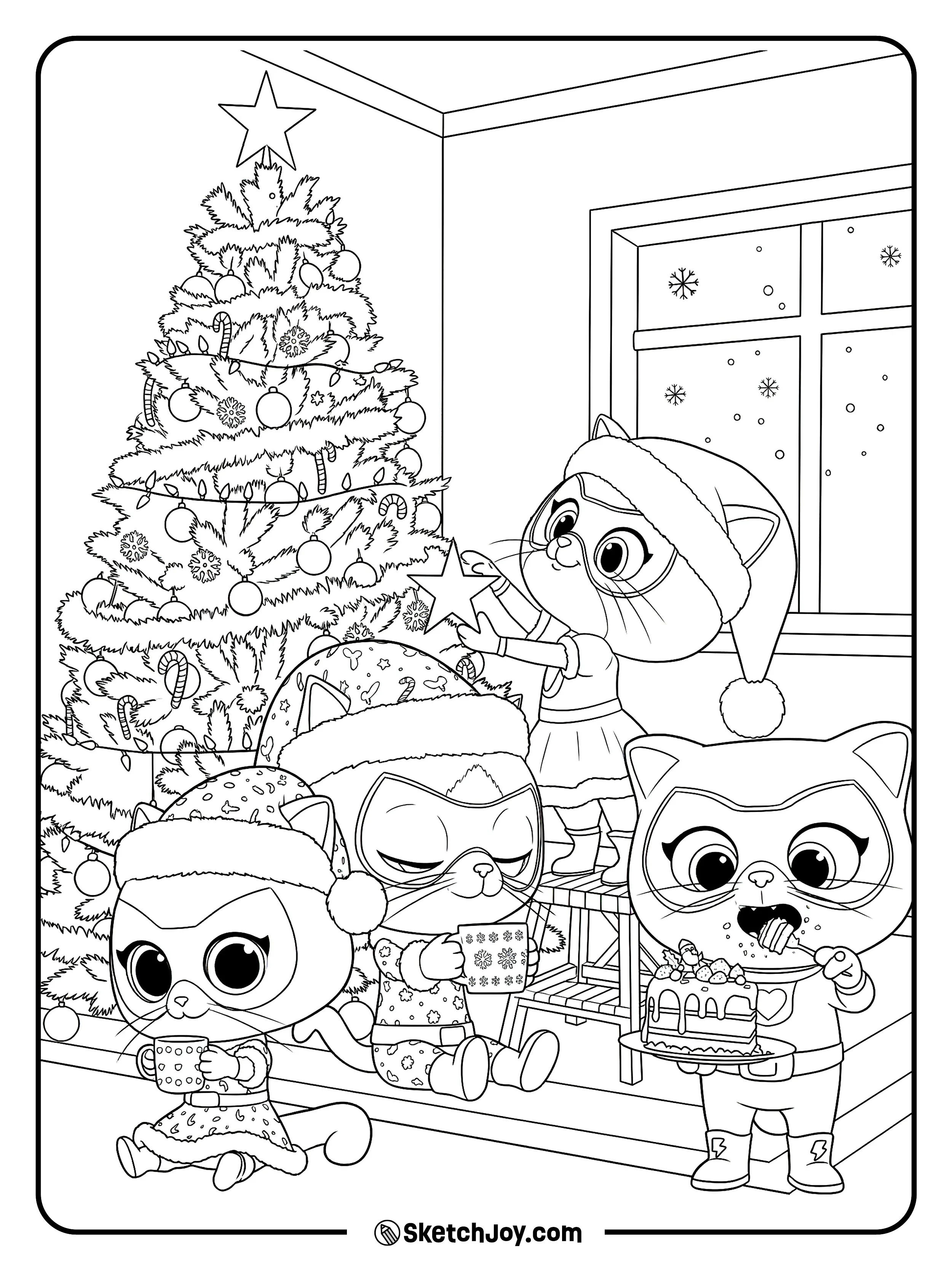 Buddy, Ginny, Bitsy, and Sparks decorate the tree, sip warm drinks, and share a sweet treat.