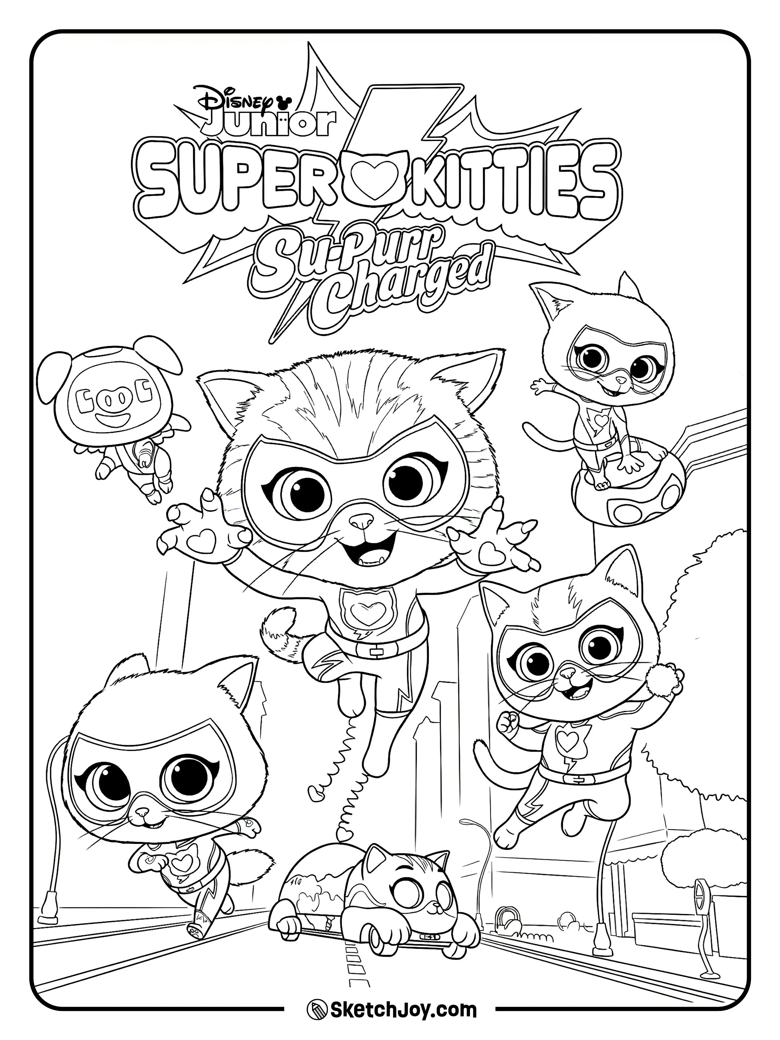 Buddy, Ginny, Bitsy, and Sparks race through the city with the Su-purr Charged logo above.