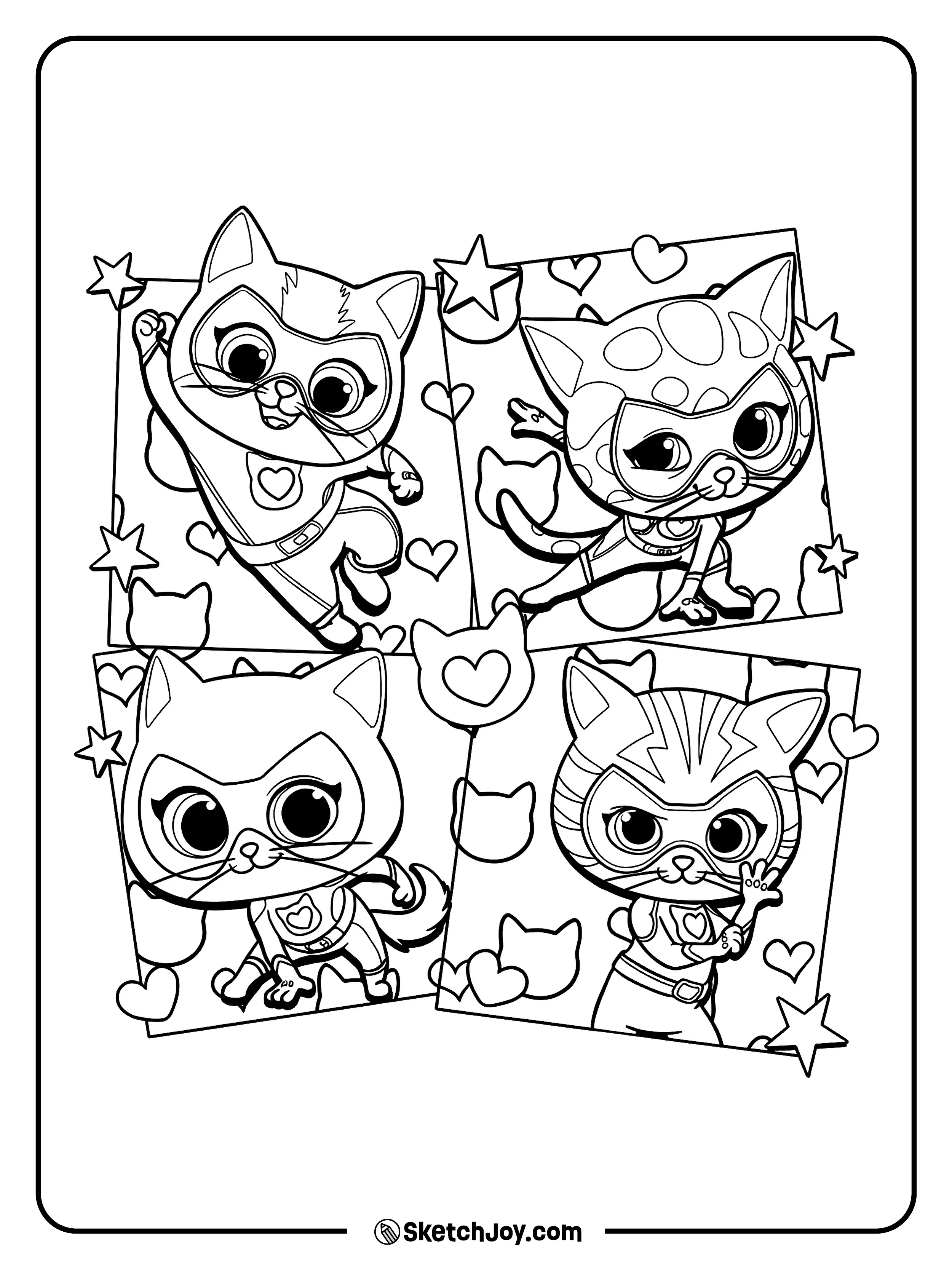 Buddy, Sparks, Bitsy, and Ginny strike fun super poses with hearts and stars around them.