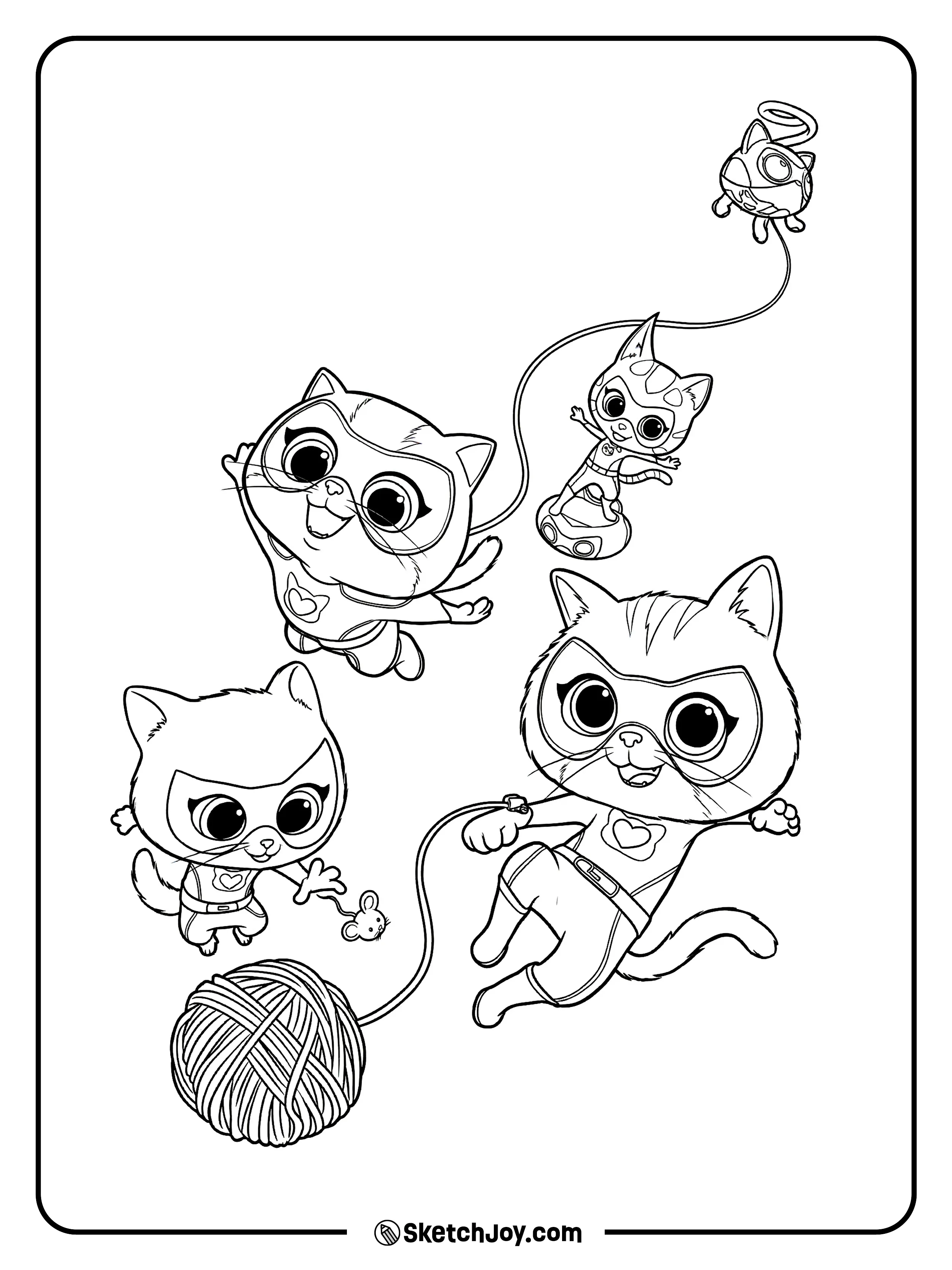 Buddy, Ginny, Bitsy, and Sparks bounce around a giant yarn ball with a tiny toy and a flying helper.