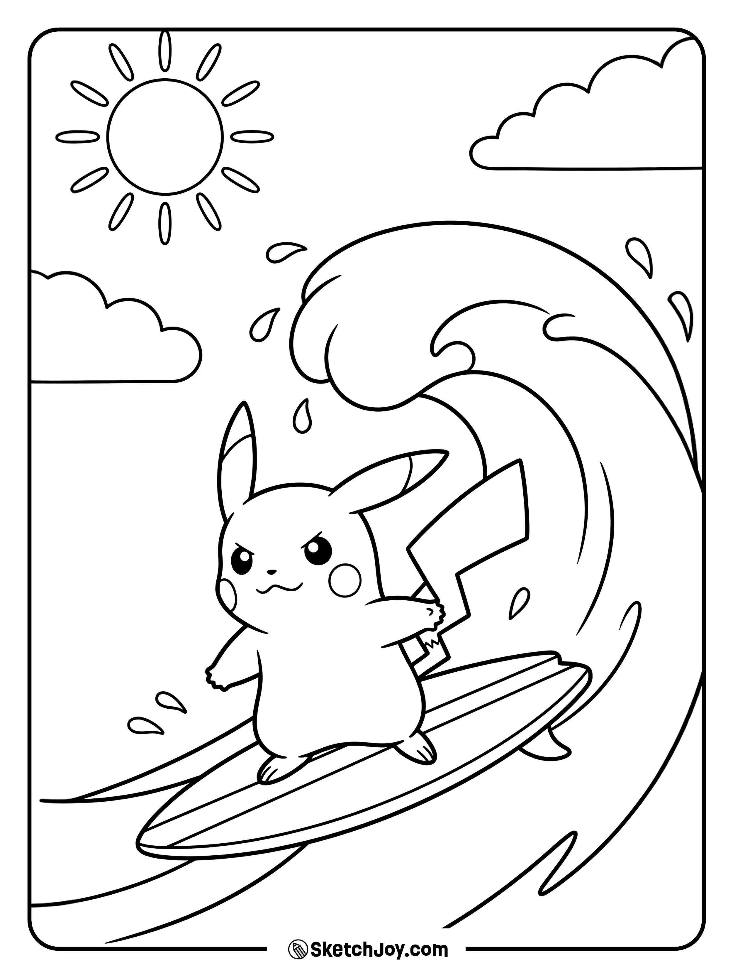 Pikachu rides a surfboard with a splashy wave behind.