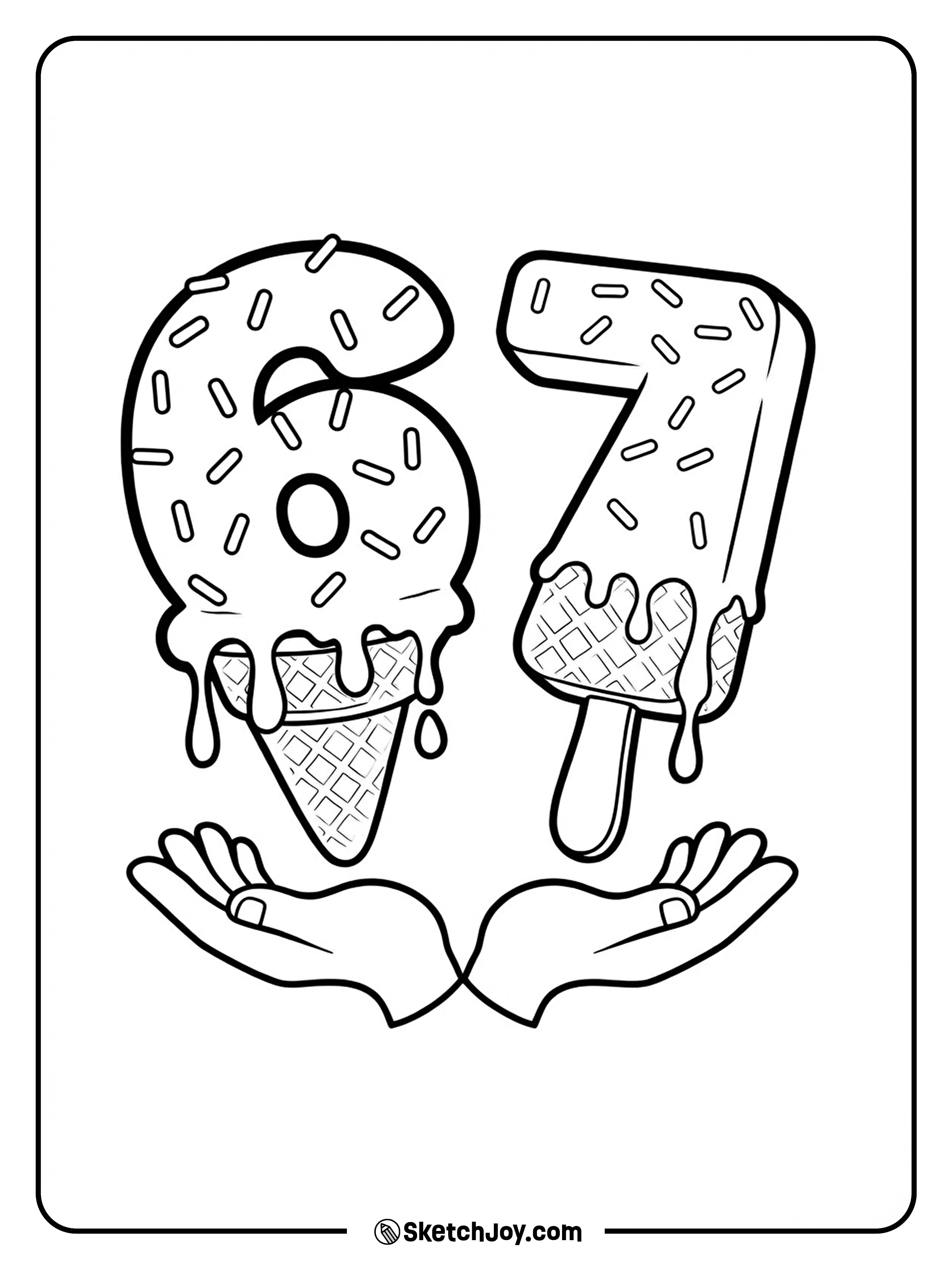 Number 6 as a cone and number 7 as an ice pop melt with sprinkles while two hands hold them up from below.
