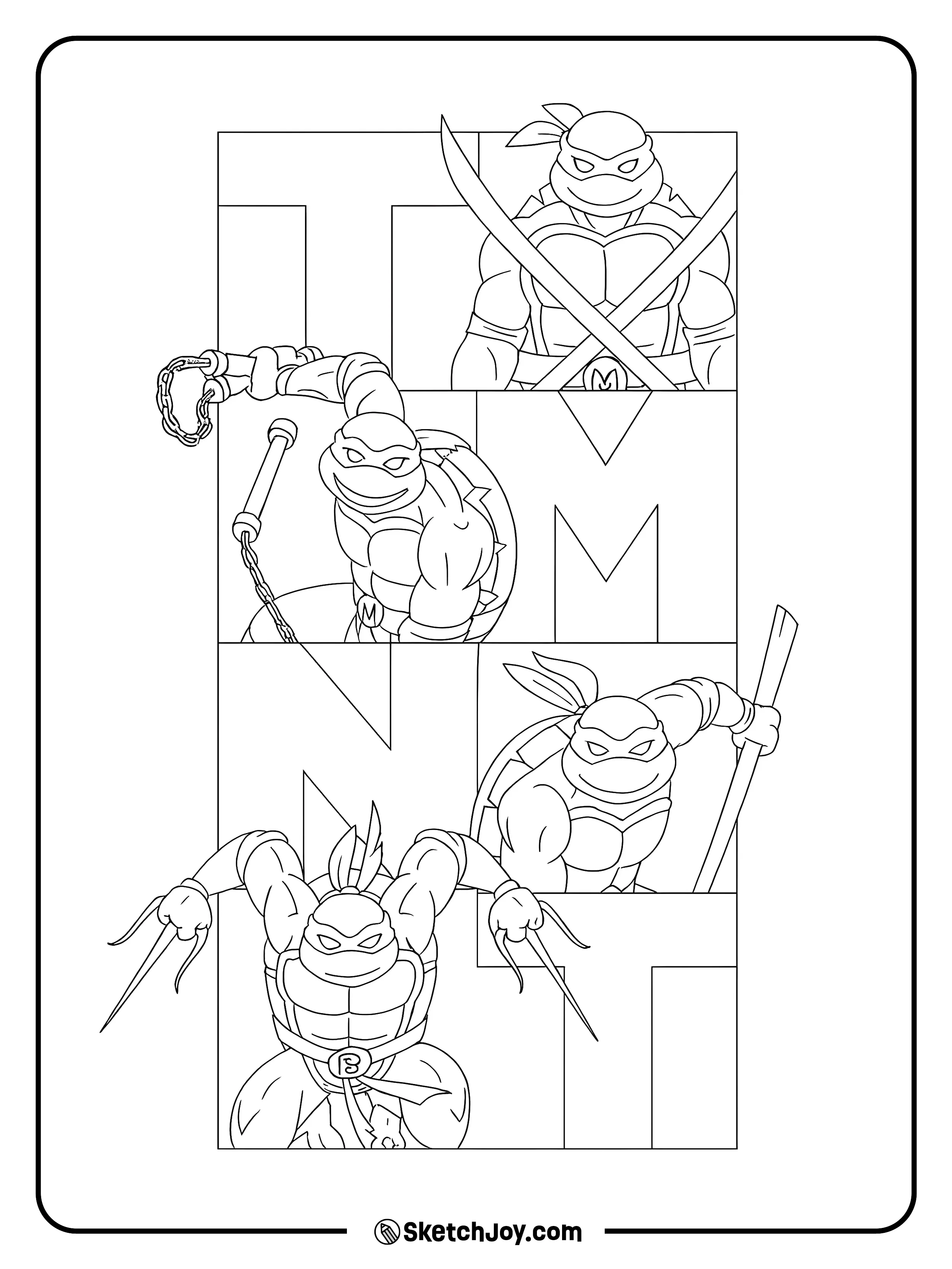 Leonardo, Michelangelo, Donatello, and Raphael fill tall TMNT letter blocks with their swords, nunchucks, staff, and sais ready for action.