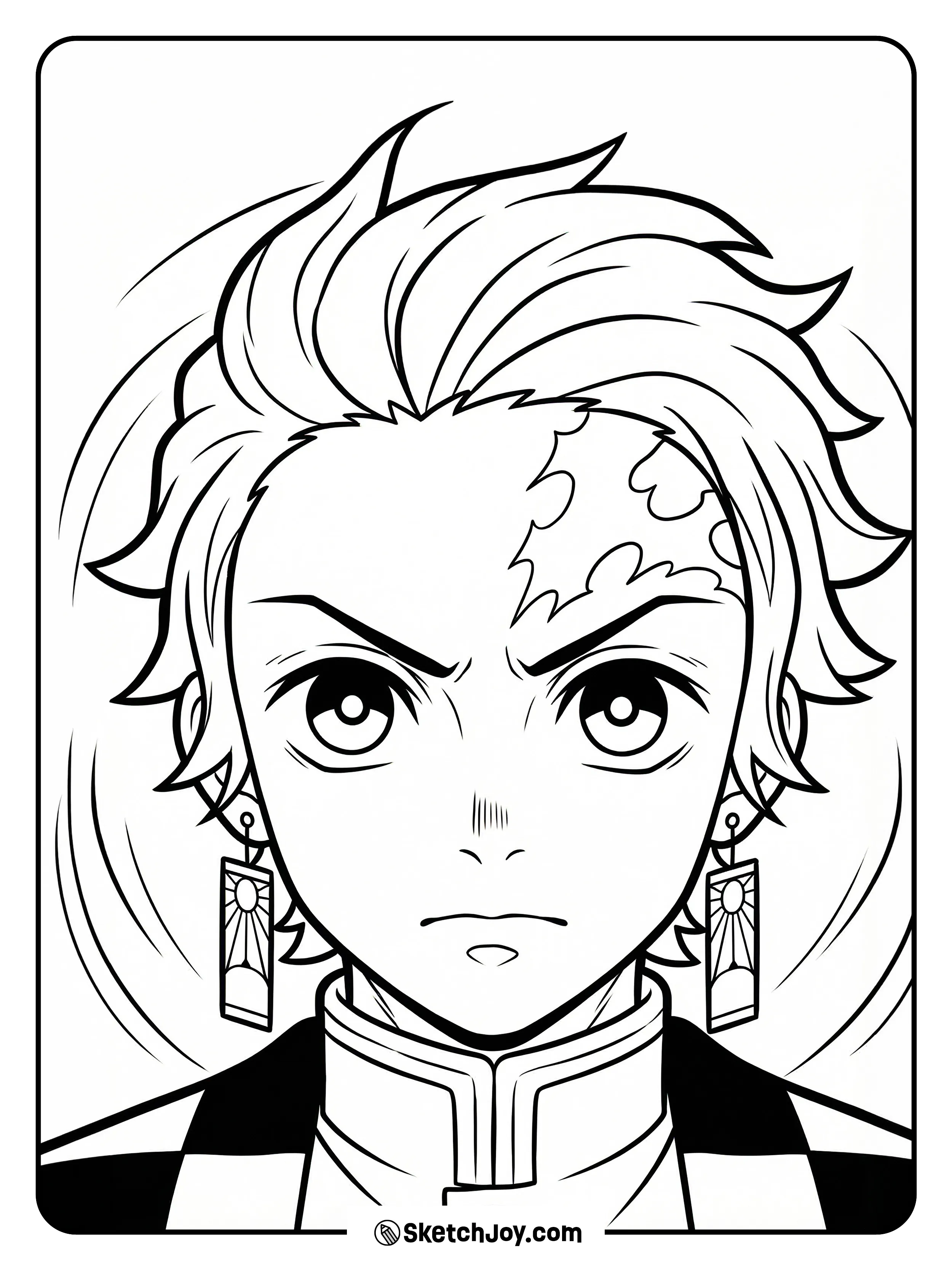 A close-up of Tanjiro’s face and shoulders shows his scar and Hanafuda earrings clearly.