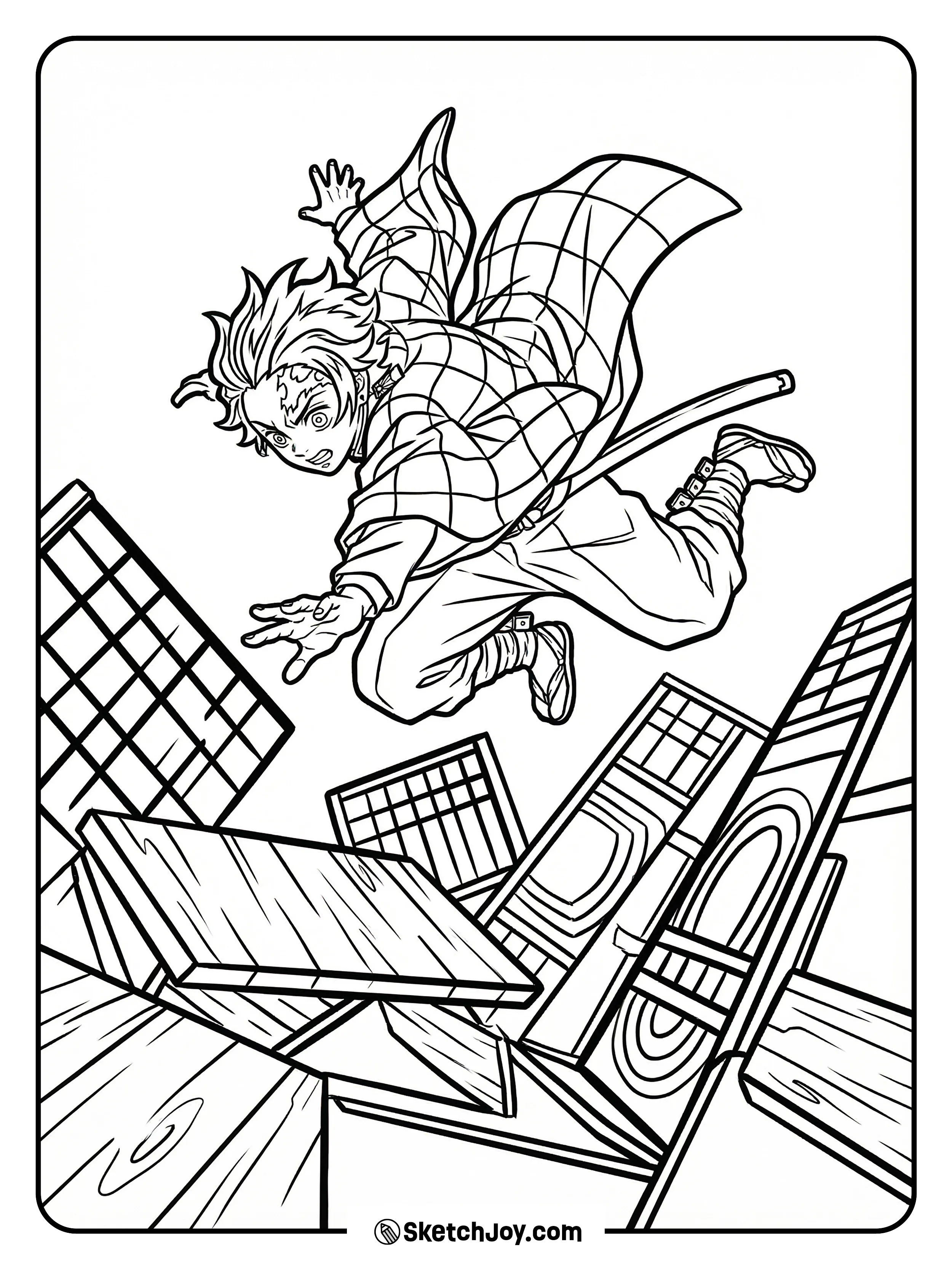 Tanjiro falls through tilted halls of the Infinity Castle with a shocked face.