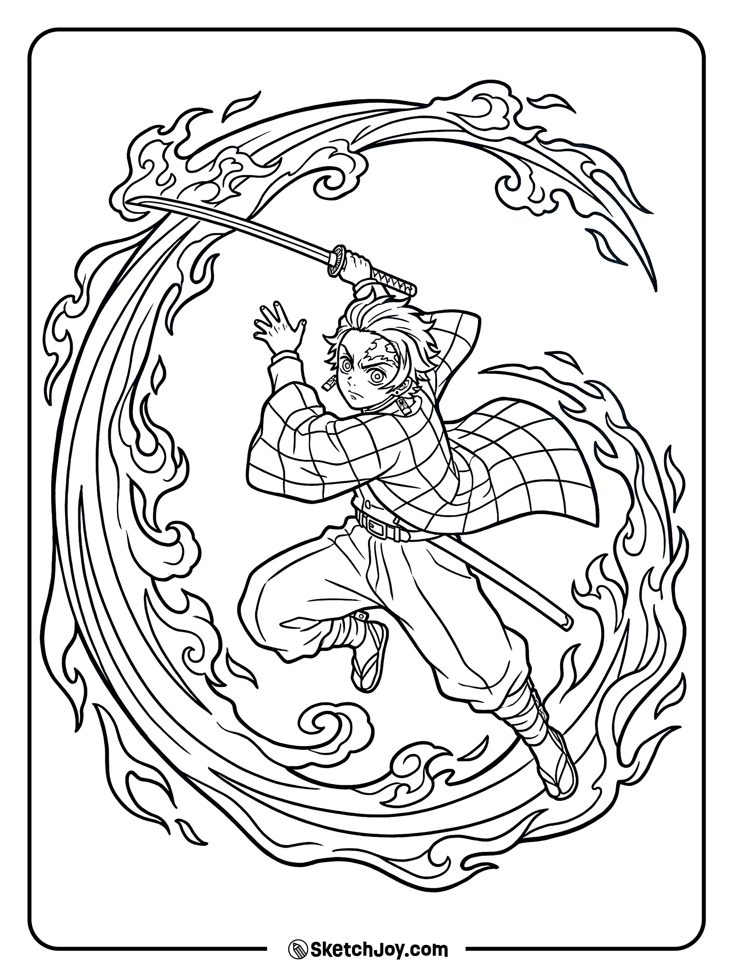Tanjiro swings his sword in a fire dance pose with stylized flame shapes around him.