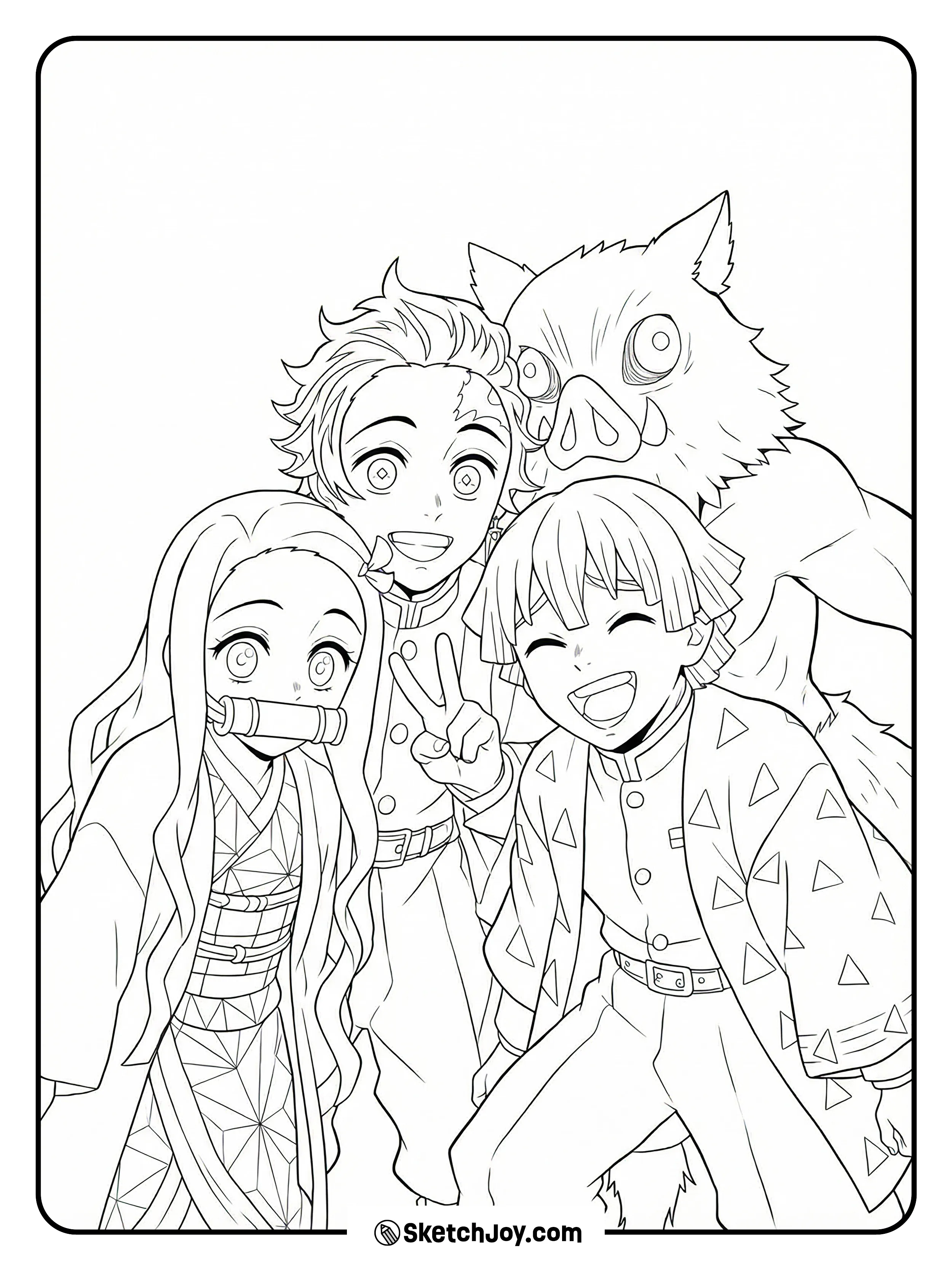 Tanjiro flashes a peace sign while Nezuko, Zenitsu, and Inosuke crowd in close for a happy team photo.