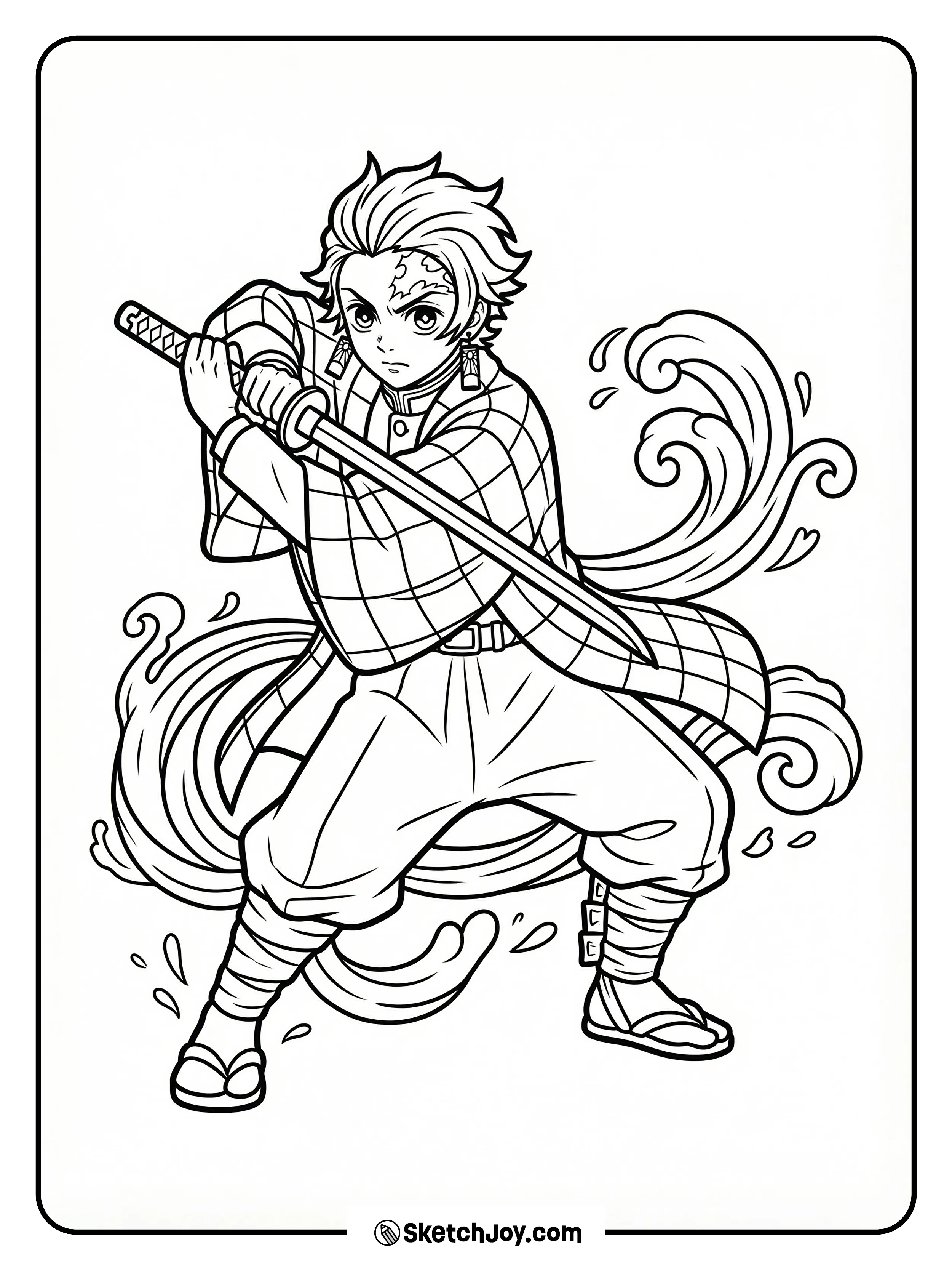 Tanjiro stands with his sword drawn, calm and ready, with soft water lines curling around him.