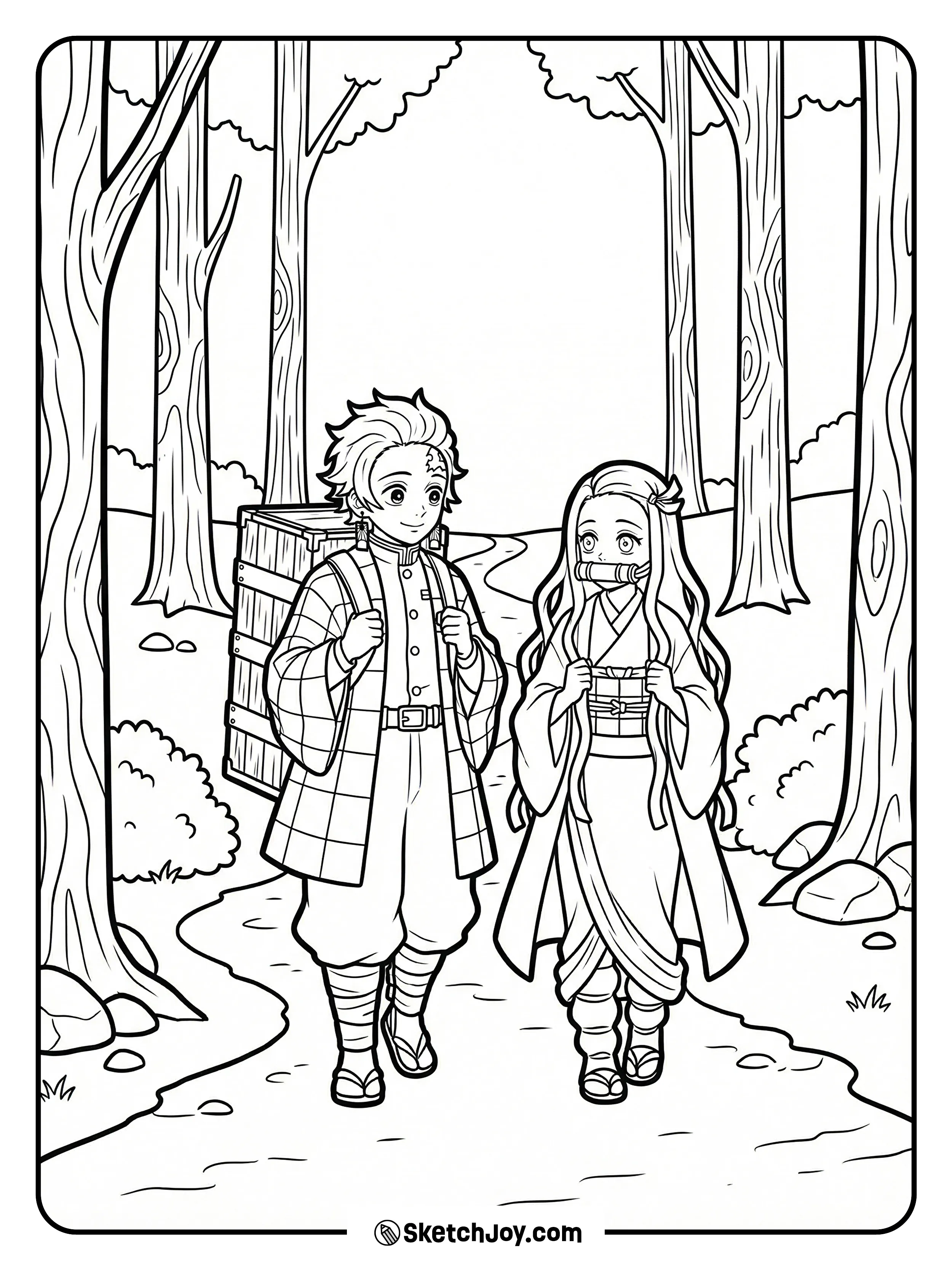 Tanjiro and Nezuko walk side by side on a soft forest road with tall trees.