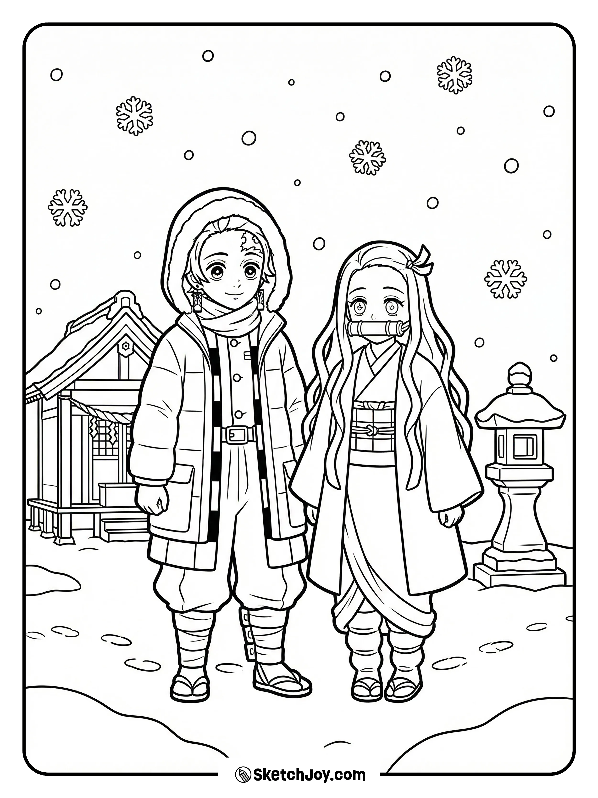 Tanjiro and Nezuko stand close in light snow near a small shrine and stone lantern.
