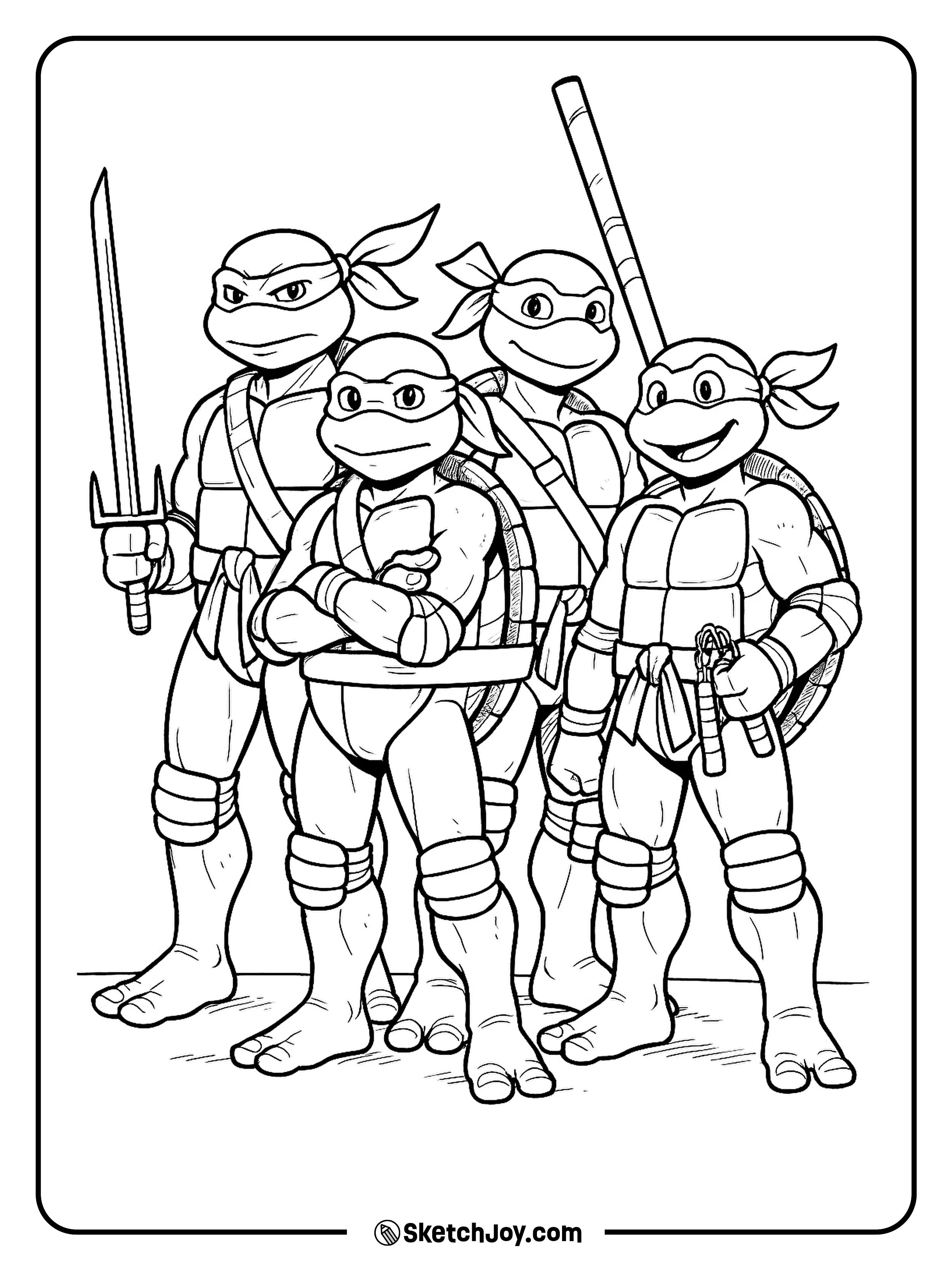 All four Ninja Turtles stand together in a strong team pose.