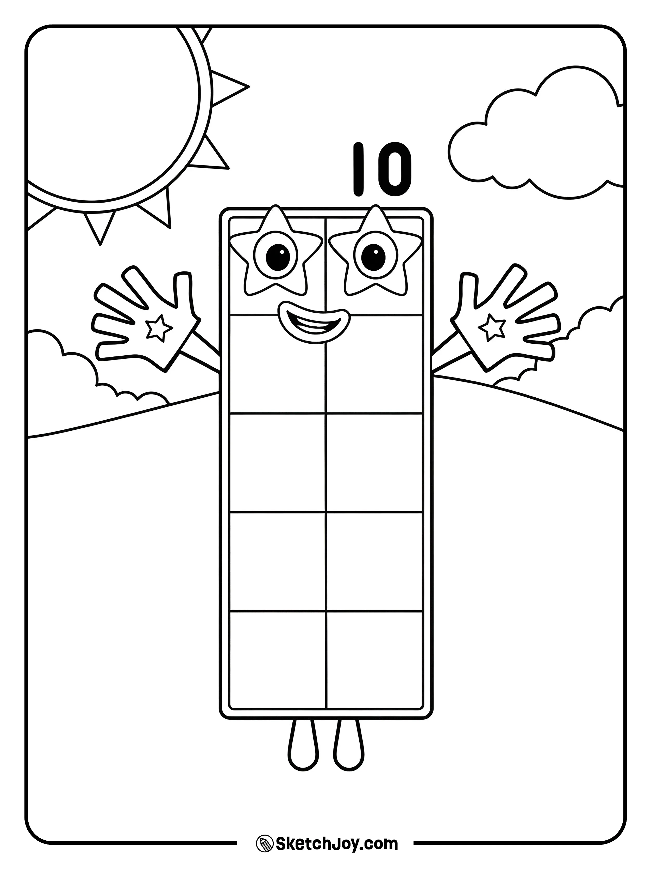 Numberblocks Ten lifts star hands and smiles, showing all ten blocks.