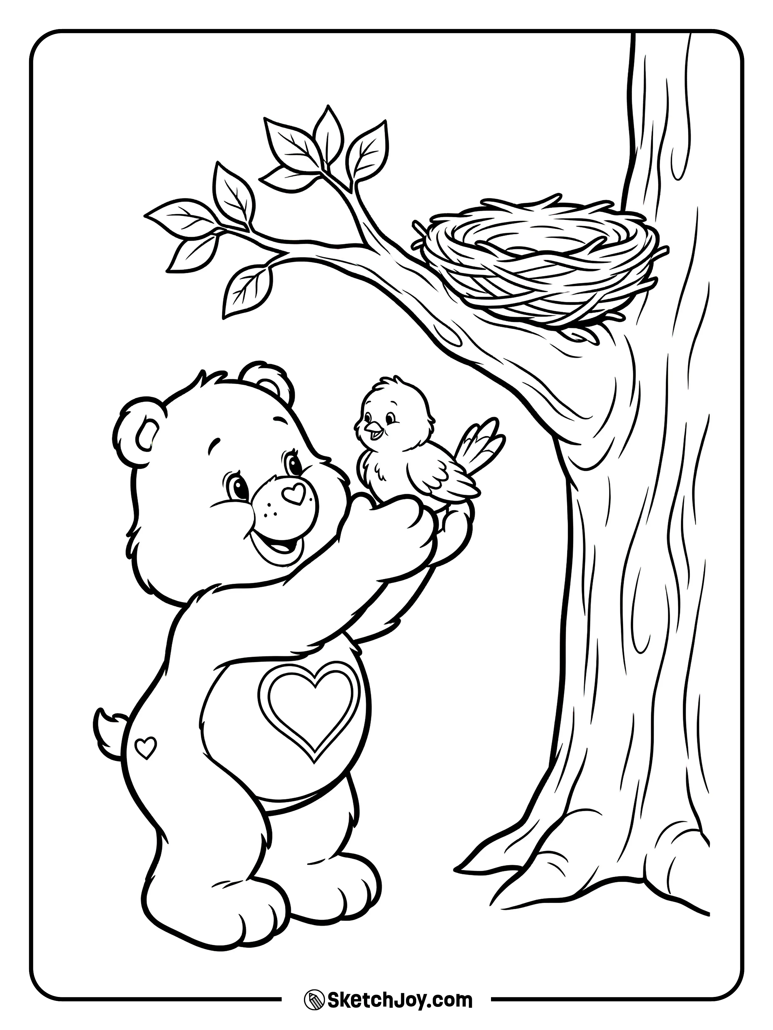 Tenderheart Bear helps a little bird back into its nest.