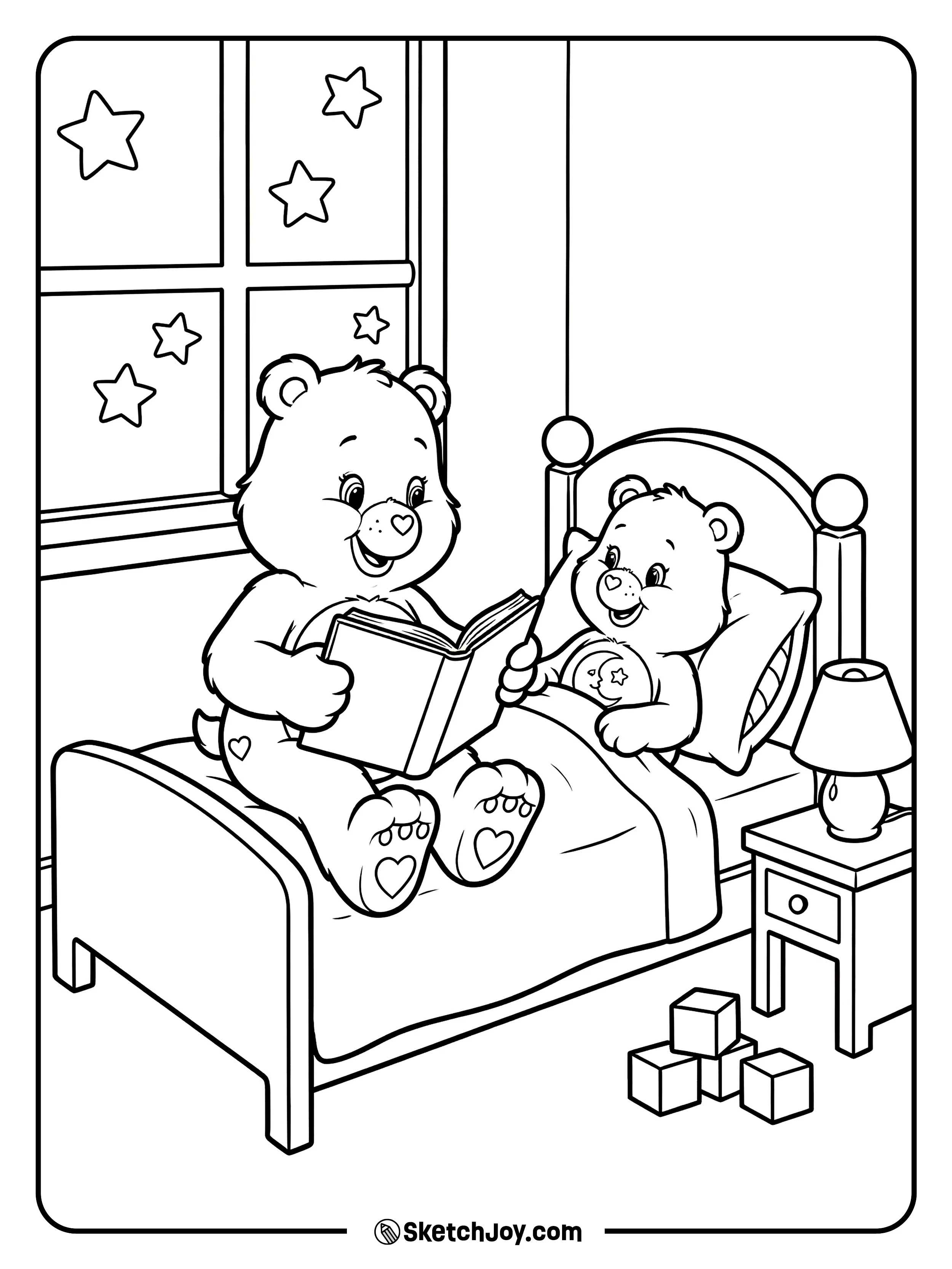 Tenderheart Bear reads a bedtime story while Bedtime Bear listens.
