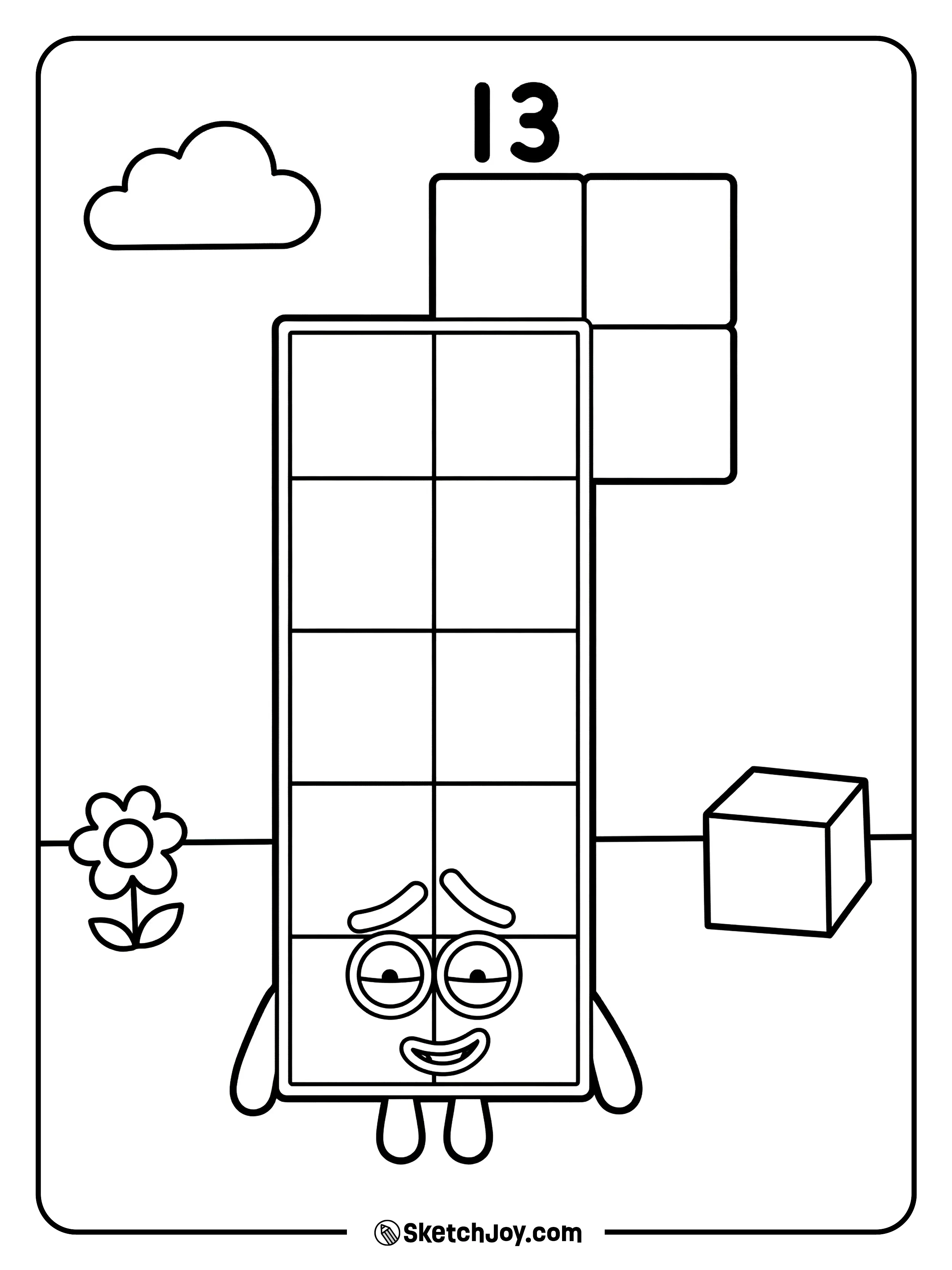 Numberblocks Thirteen forms an L shape and smiles in a shy way.