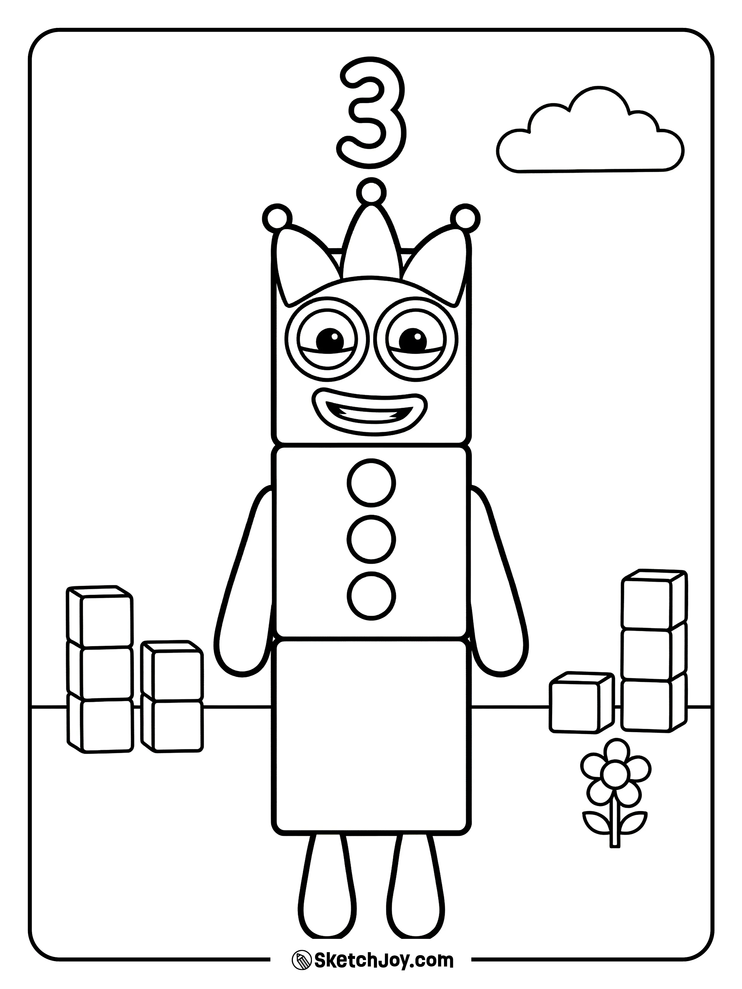 Numberblocks Three wears a crown and shows three spots on her body.