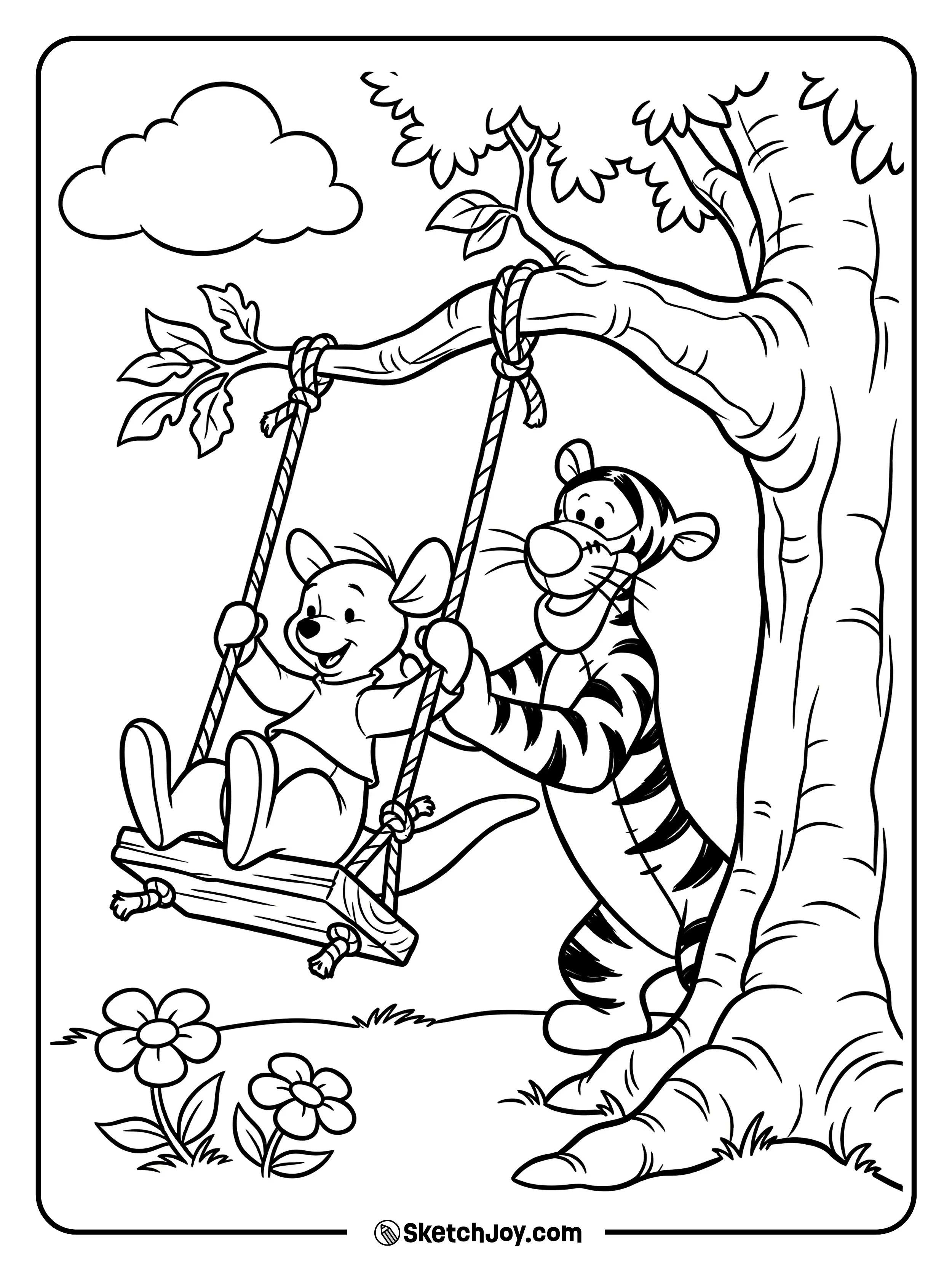 Tigger pushes Roo on a tree swing with smiles.