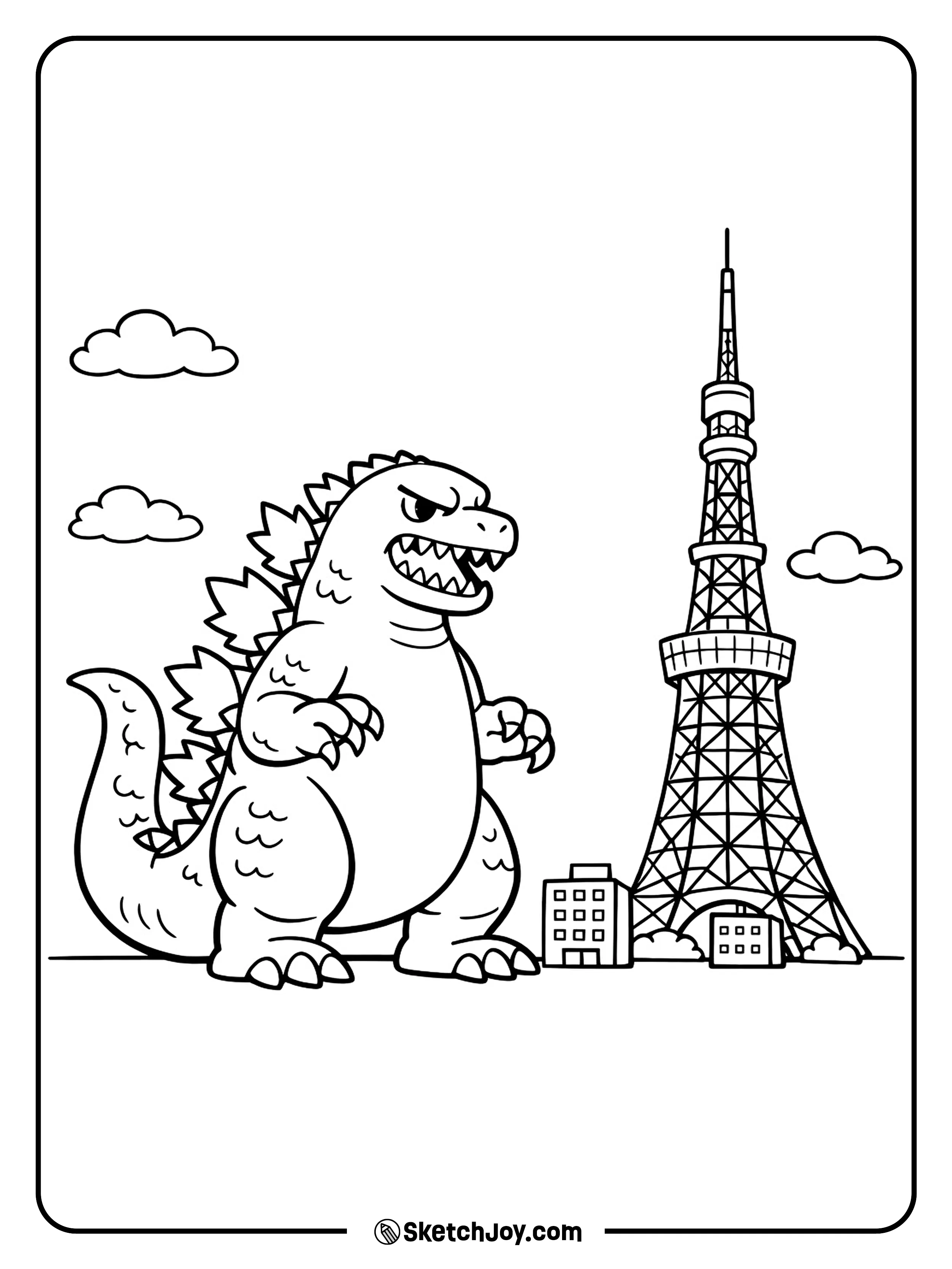 Godzilla stands near a tall tower while clouds drift above.