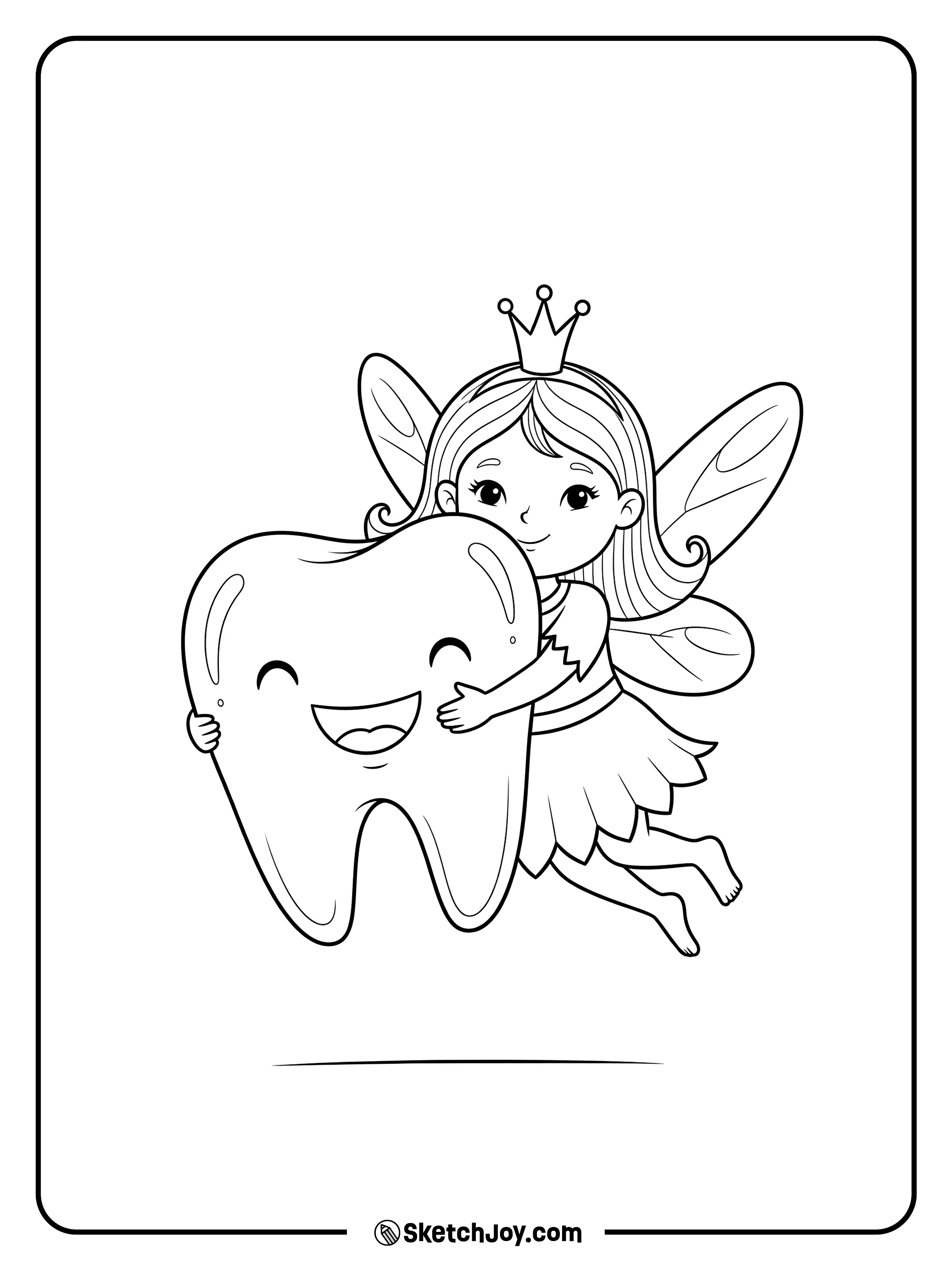 A cheerful tooth fairy holds a big cartoon tooth close to her chest.
