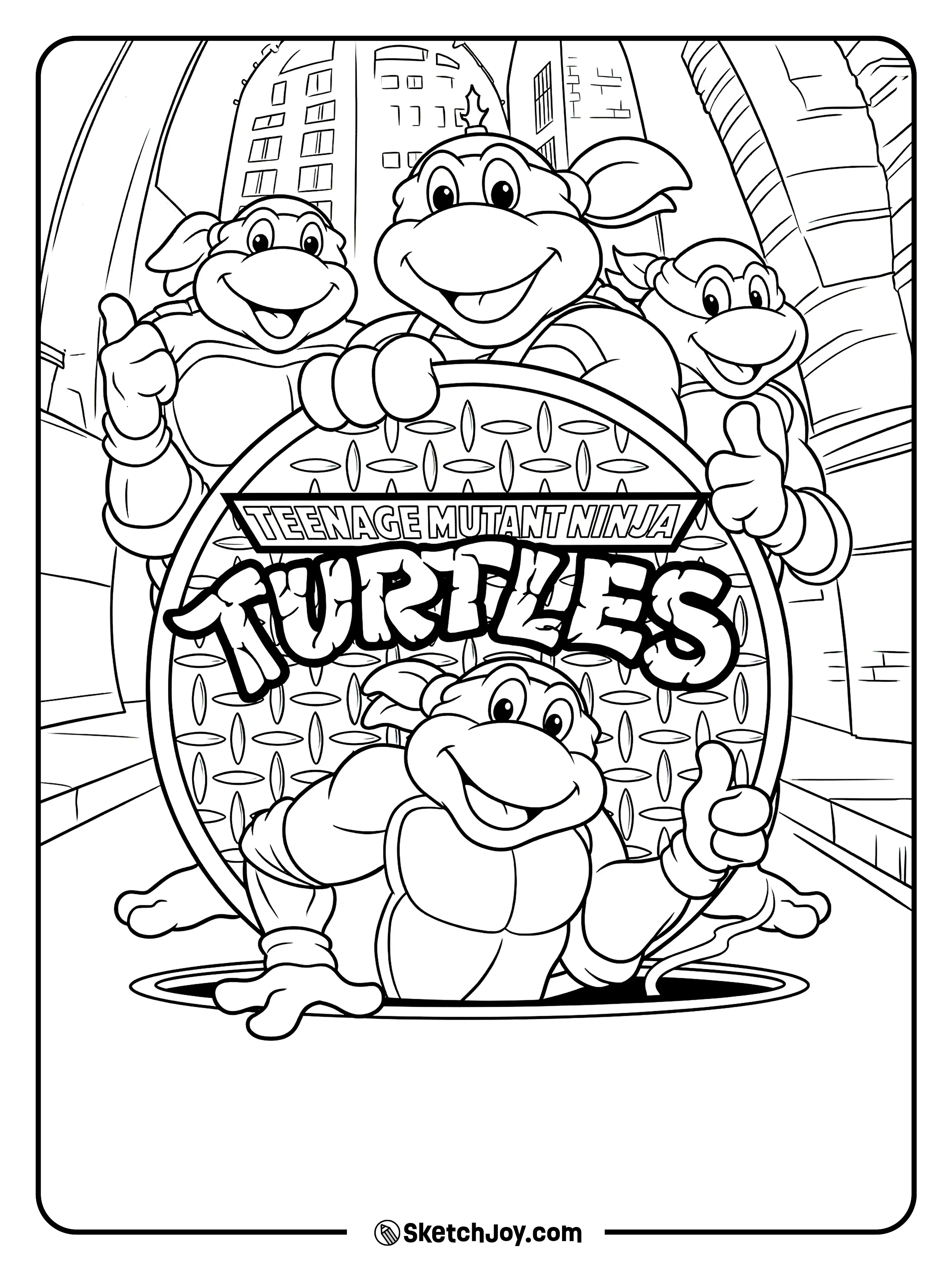 The four Ninja Turtles pop out of a sewer lid with their logo while tall city buildings rise in the background.