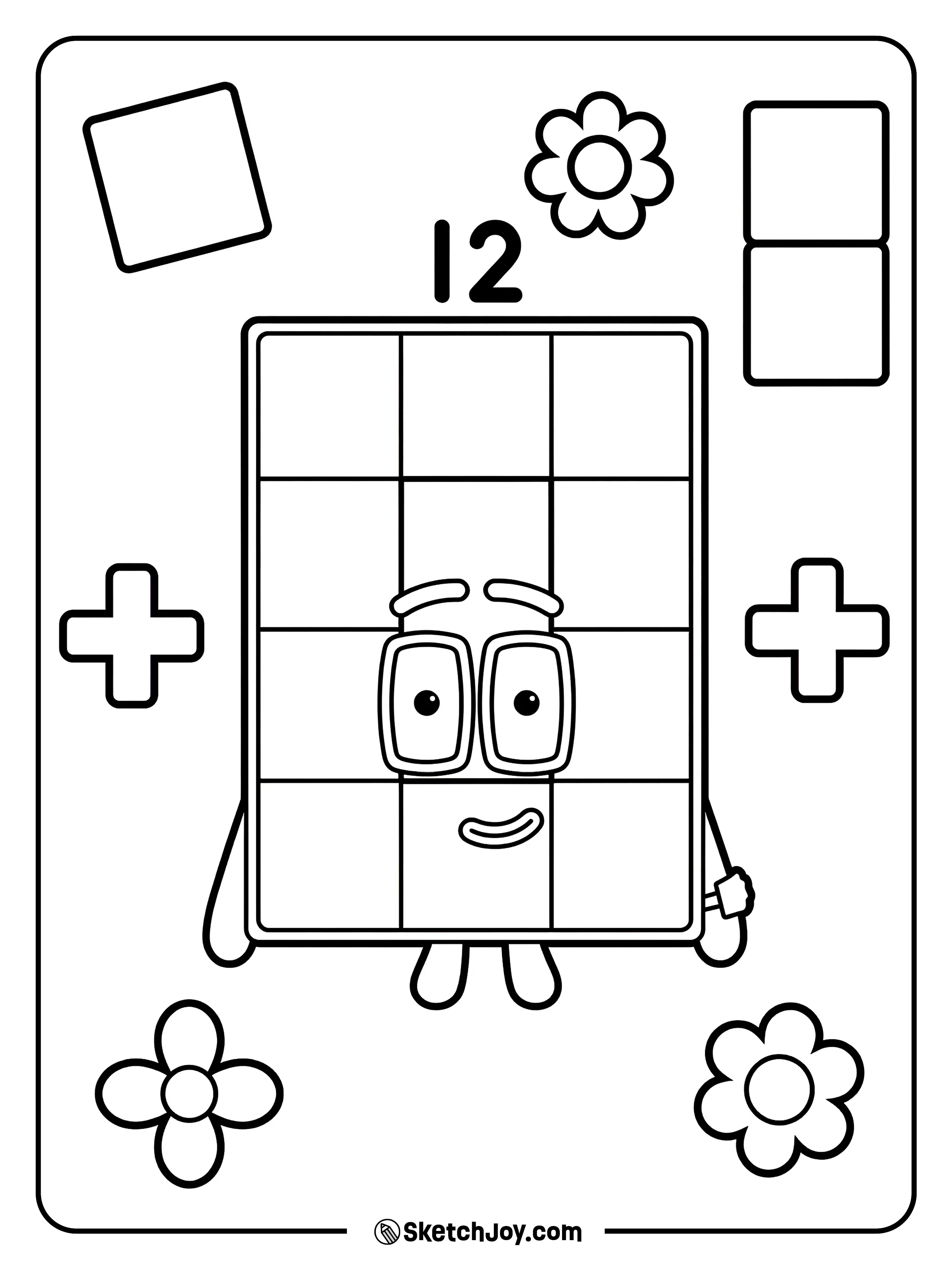 Numberblocks Twelve shows a neat grid of twelve blocks and a calm face.