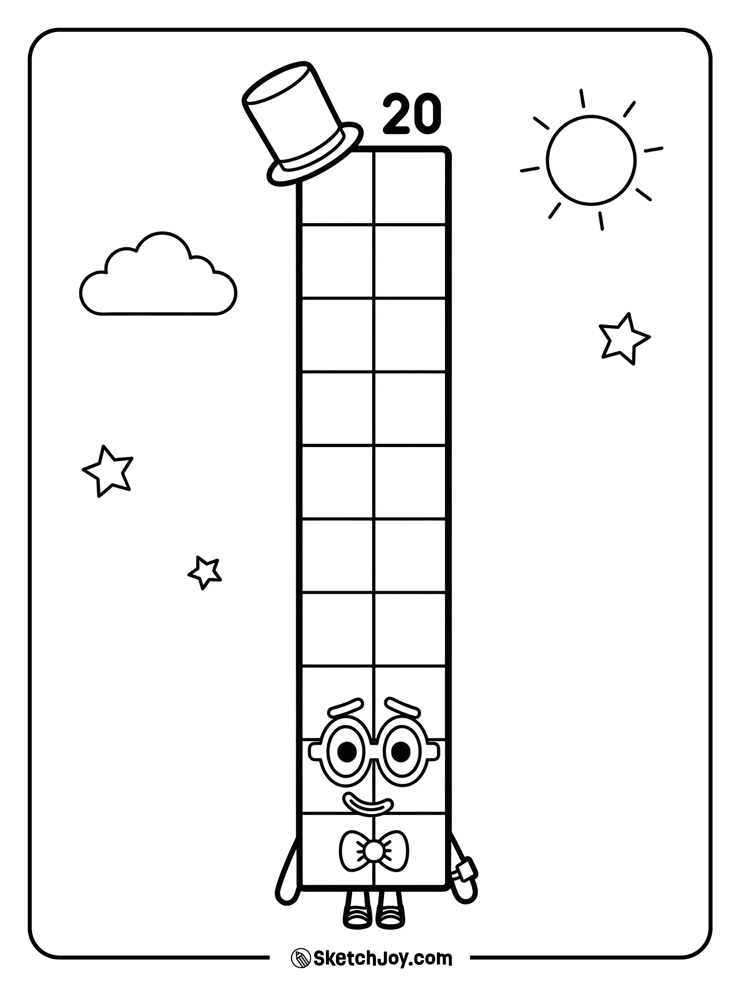 Numberblocks Twenty wears a top hat and bow tie and stands very tall.