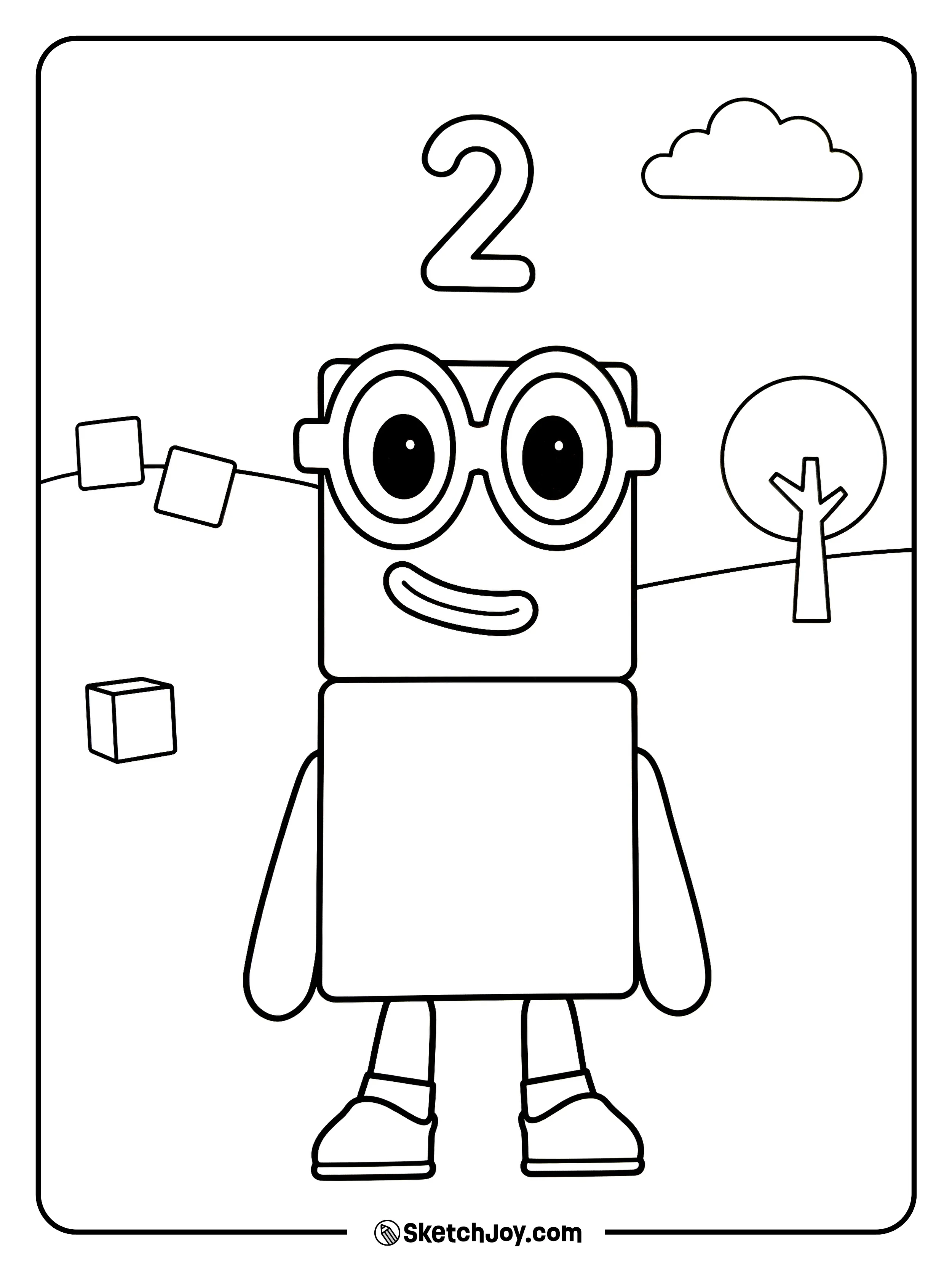 Numberblocks Two stands with big round glasses and a friendly smile.