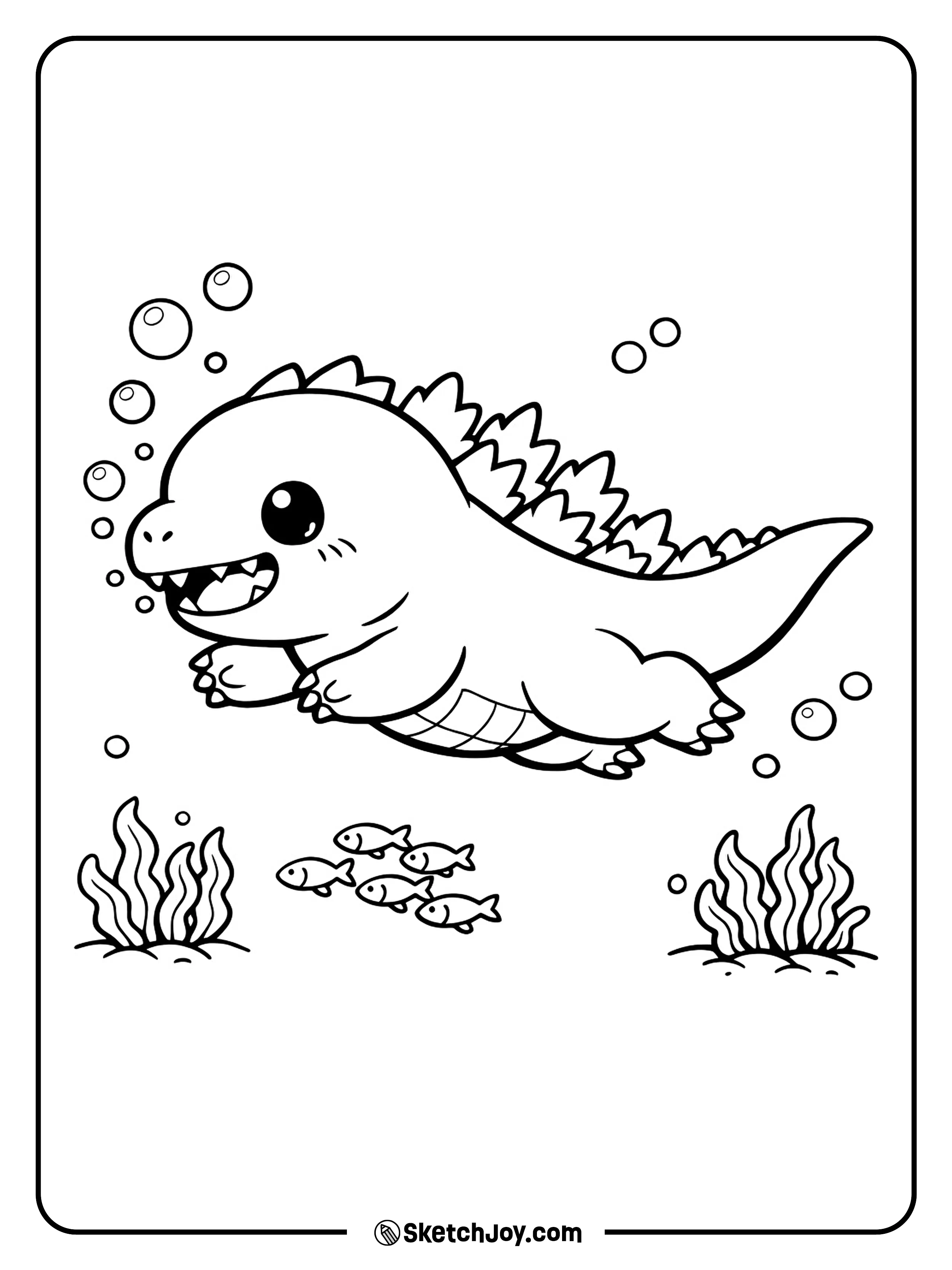 Godzilla swims underwater past bubbles and sea plants.
