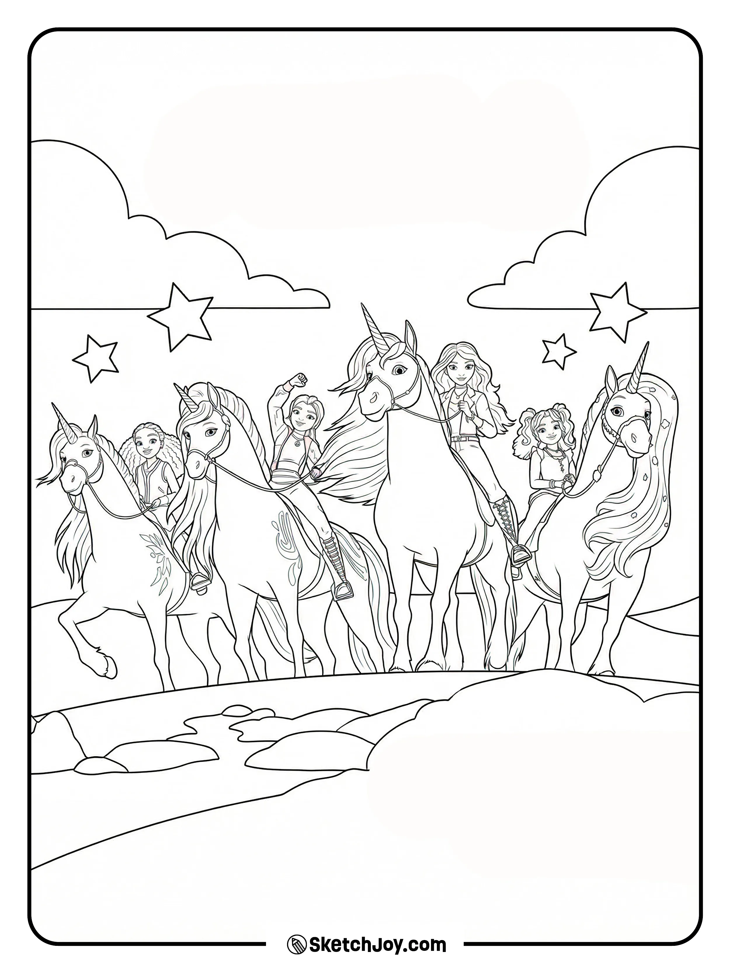 Sophia, Ava, Layla, Isabel, and Rory ride Wildstar, Leaf, Glacier, River, and Storm together under the clouds and stars.