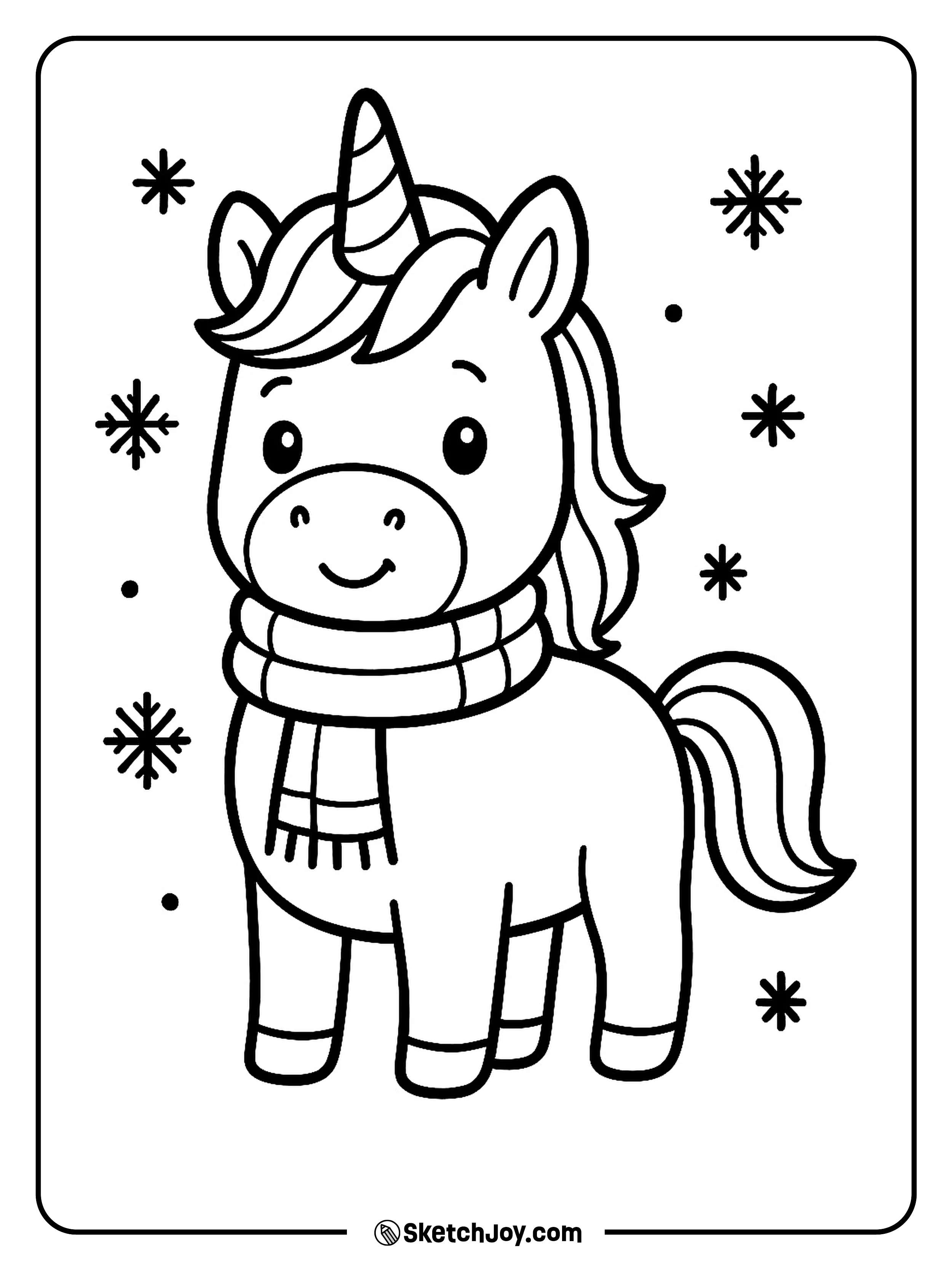 A unicorn stands still with a scarf wrapped around its neck.