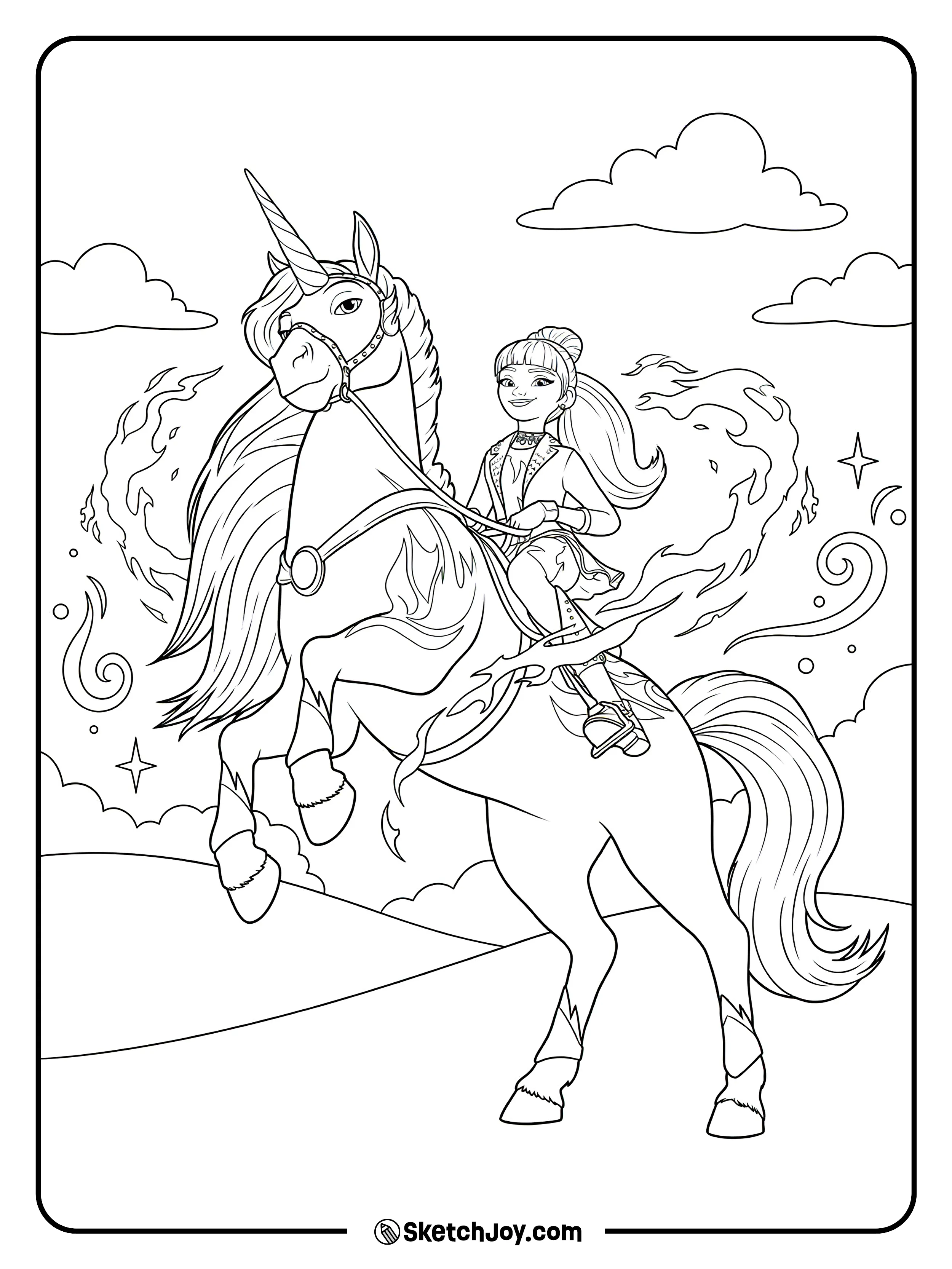 Valentina rides Cinder as swirling flame shapes curl around them in the sky.