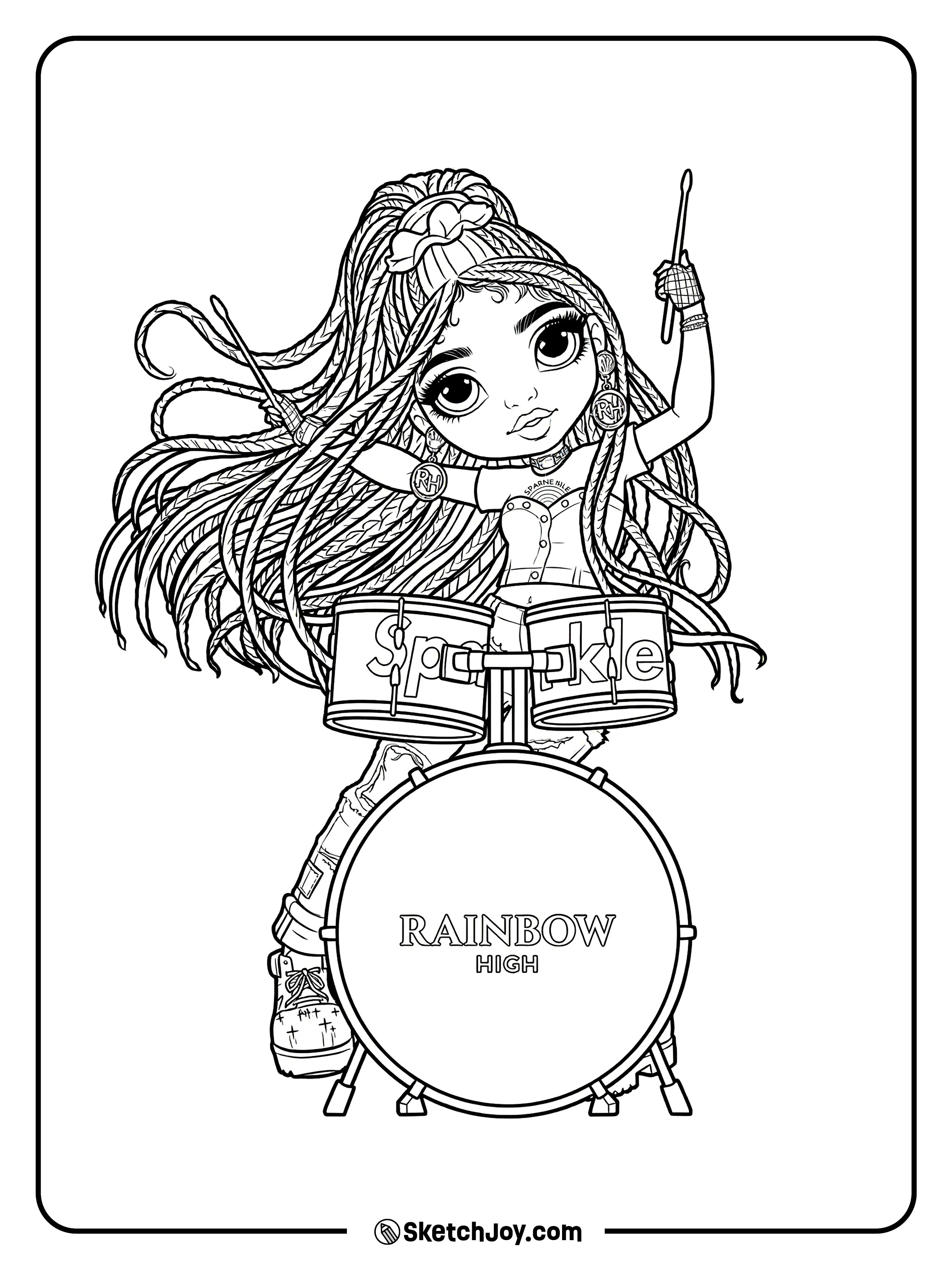 Vanessa Tempo rocks out on her drum set with her long braids flying.