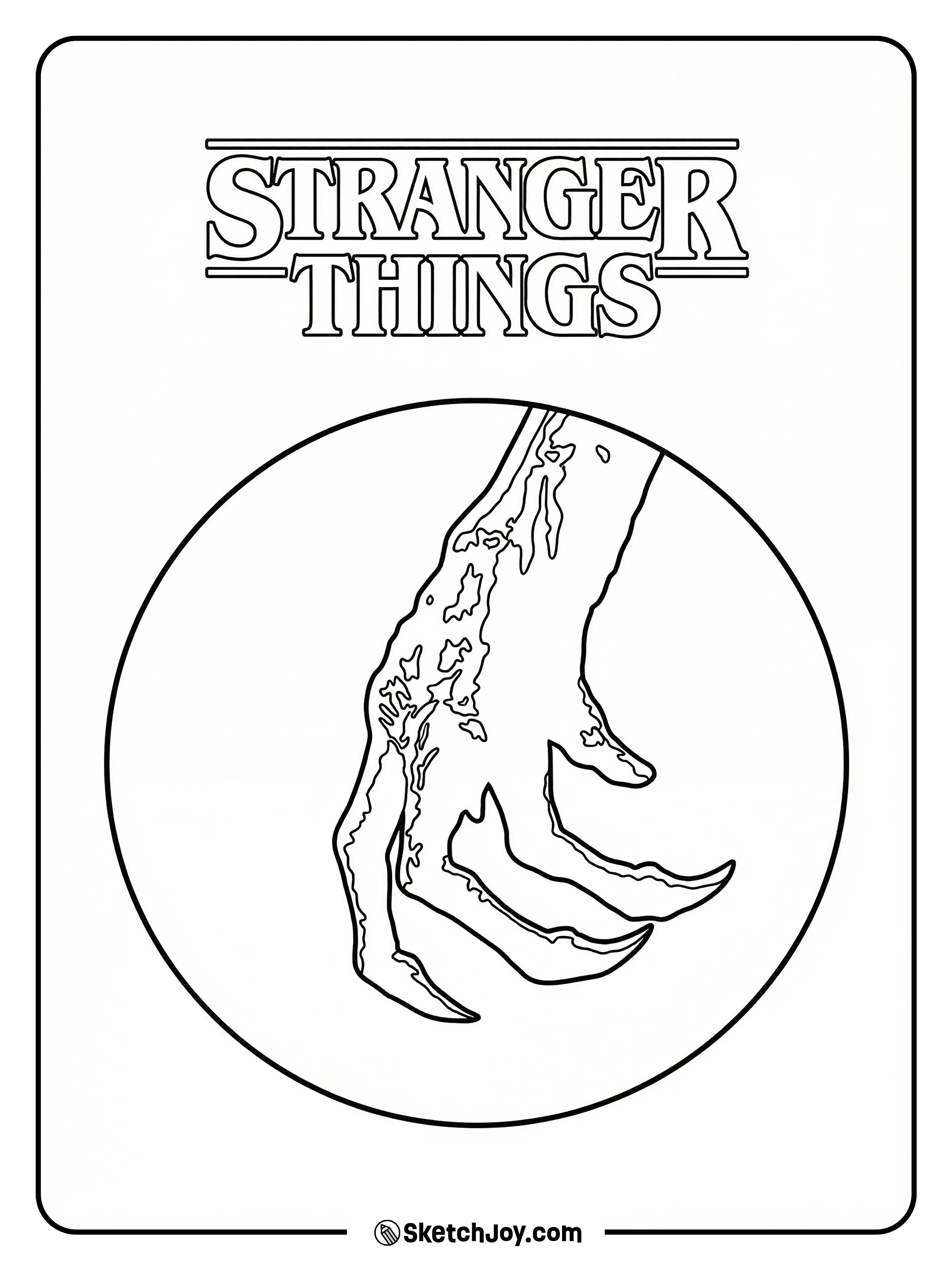 Vecna’s long, twisted hand hangs inside a circle under the Stranger Things logo.