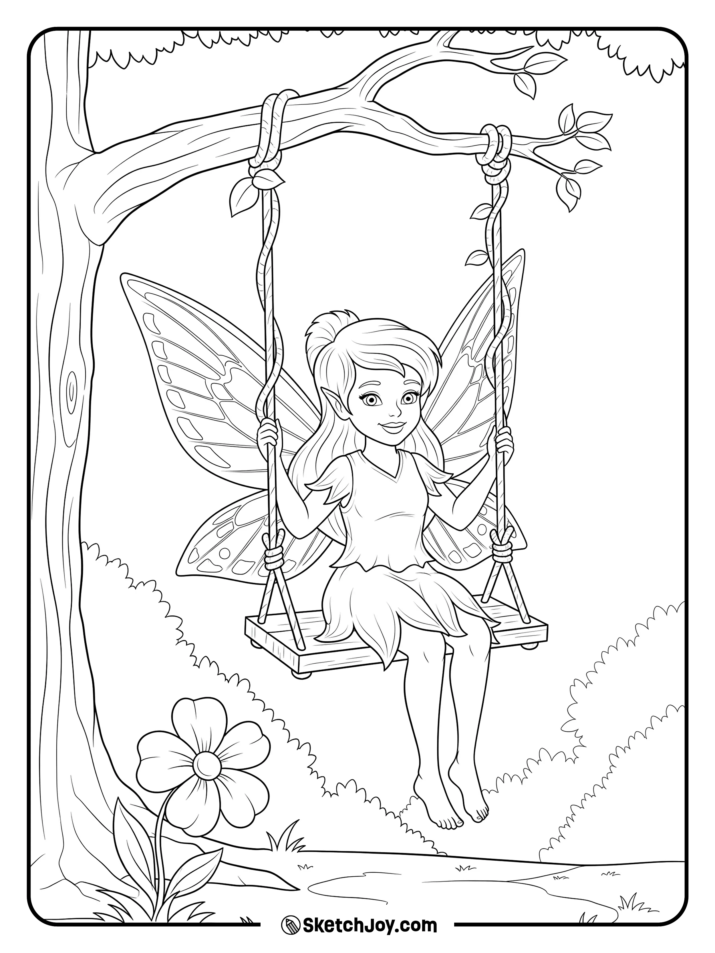 A fairy swings on a simple vine swing hanging from a tree.