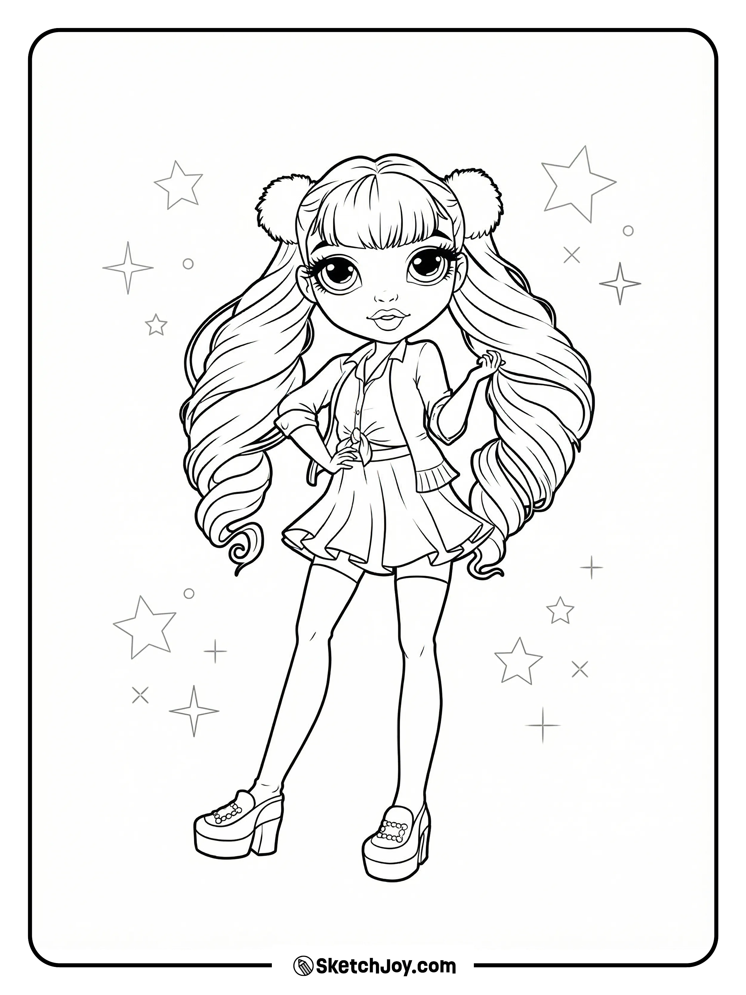 Violet Willow stands in a cute skirt and cardigan with long twin ponytails.