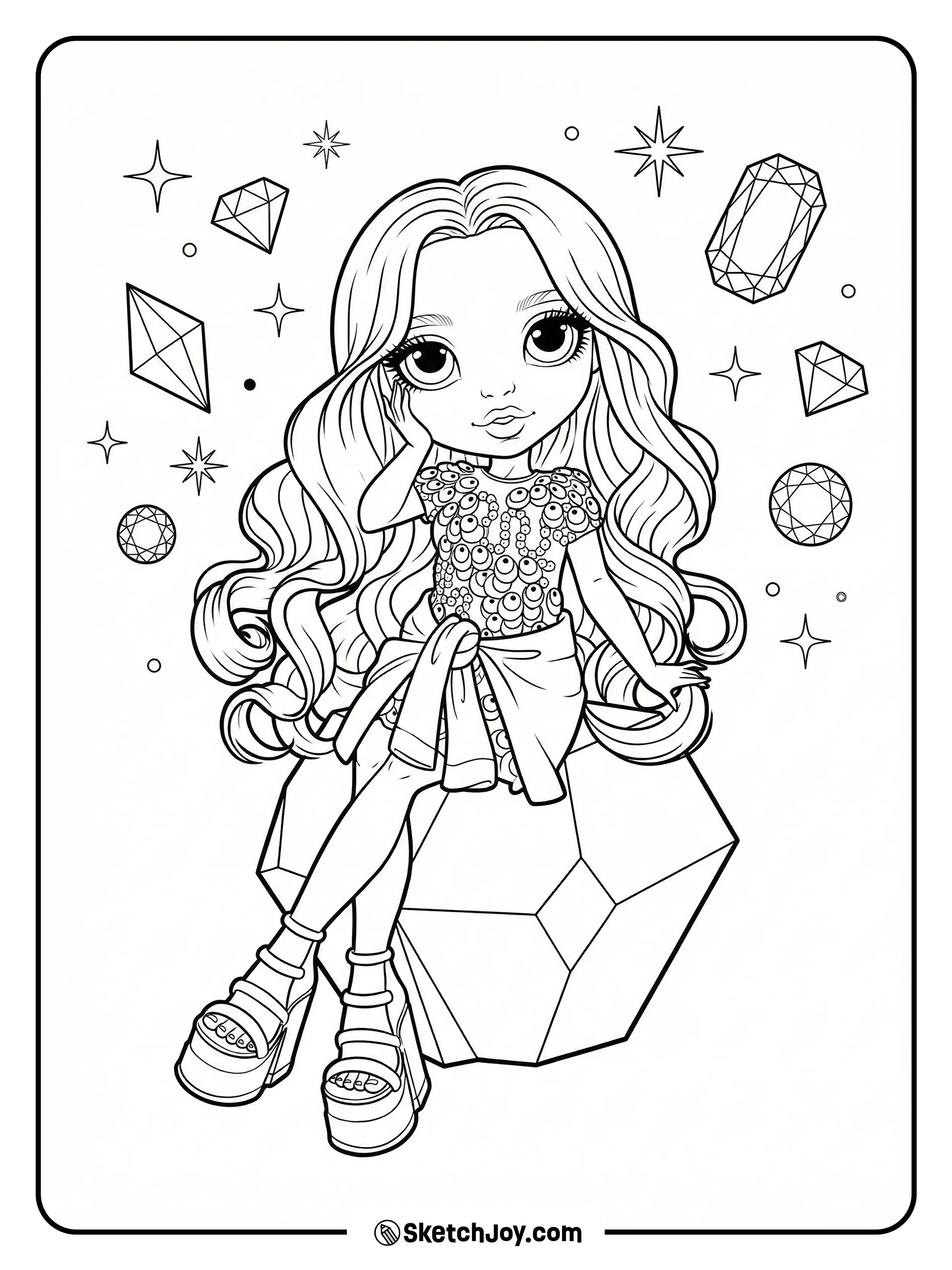 Violet Willow sits on a big gem in a cute dress with long wavy hair.